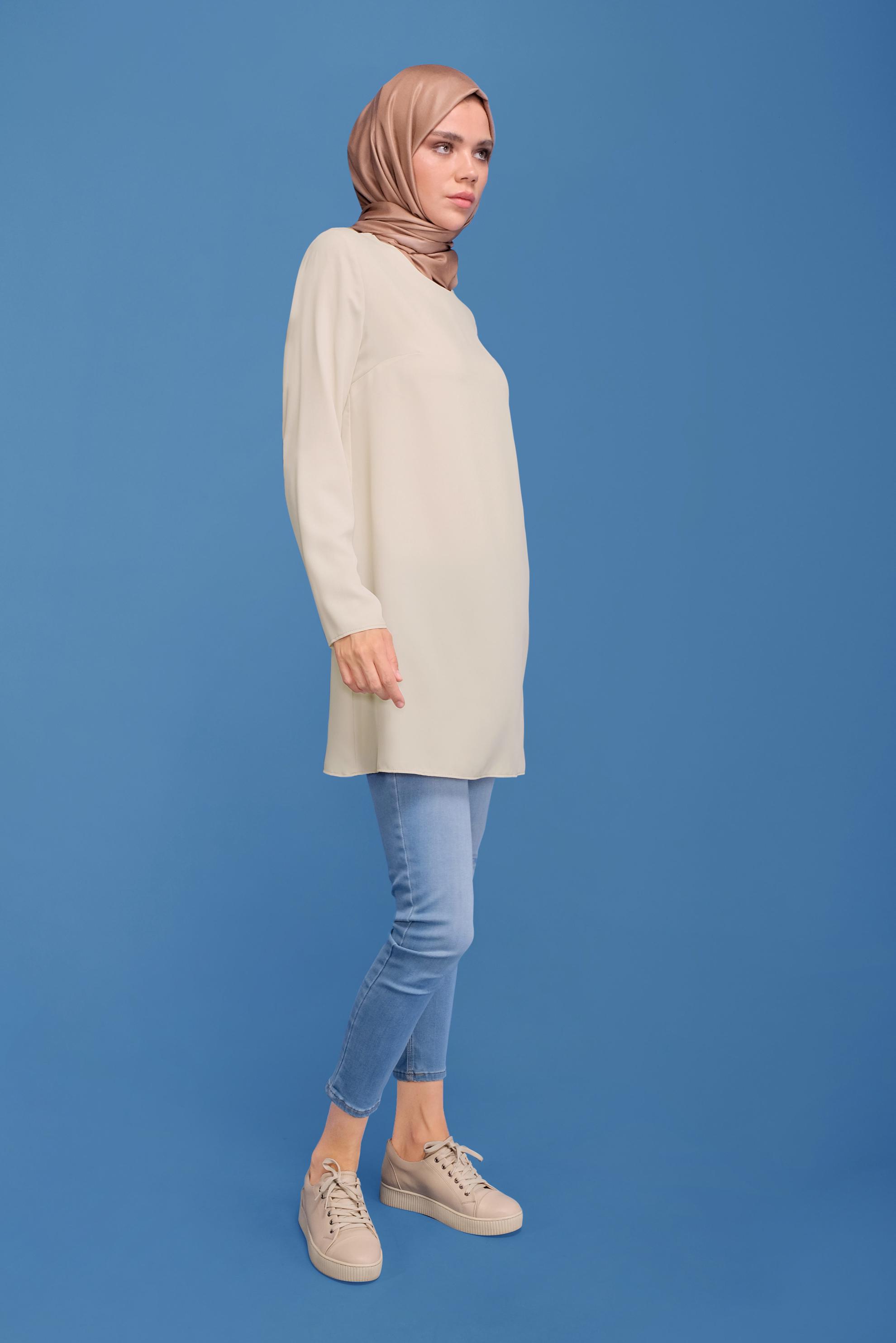 Tesettür giyim BEJ BİSİKLET YAKA DÜZ TUNİK 40854 
