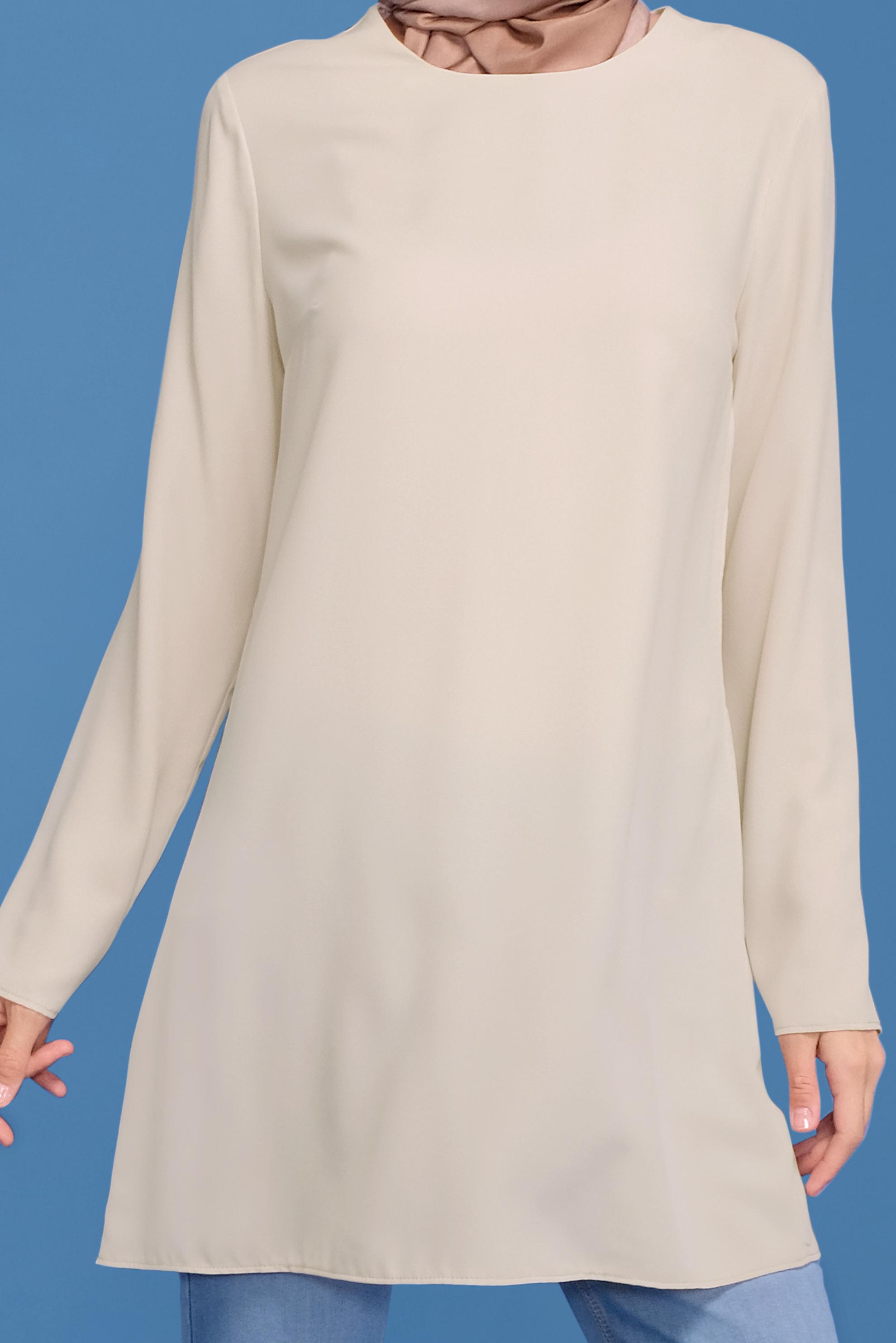 Tesettür giyim BEJ BİSİKLET YAKA DÜZ TUNİK 40854 