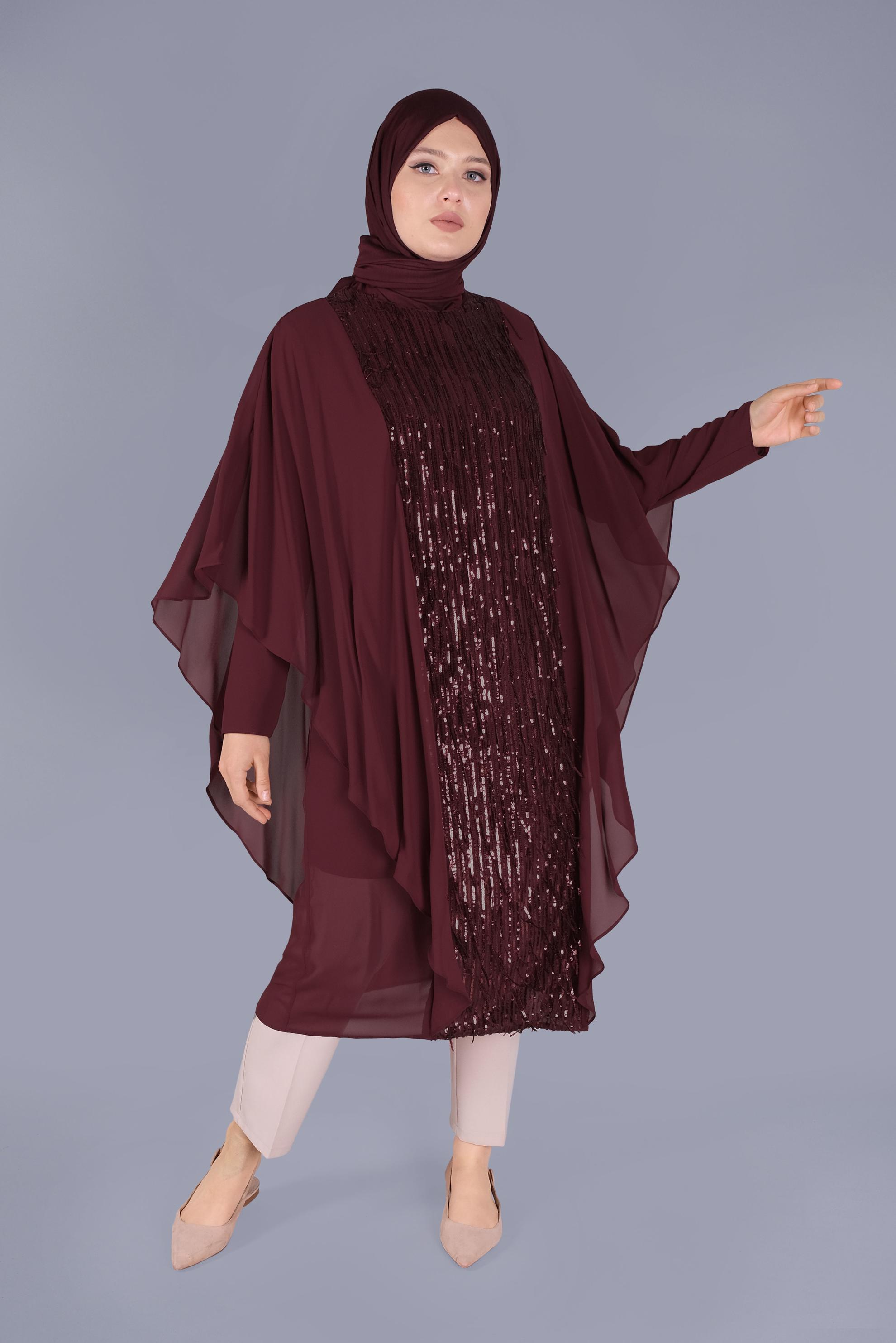 Tesettür giyim BORDO PULLU ŞİFON TUNİK 40857