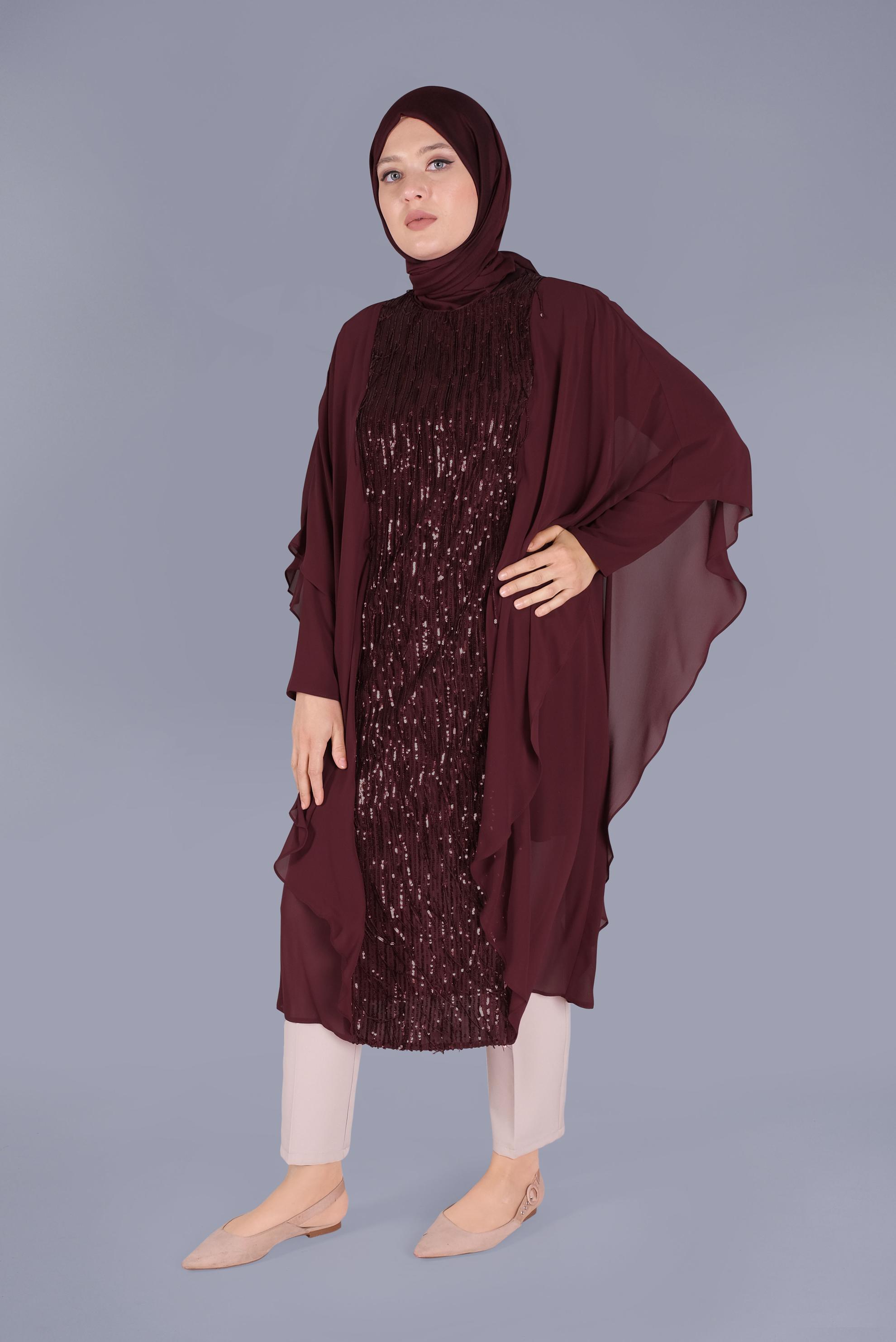 Tesettür giyim BORDO PULLU ŞİFON TUNİK 40857