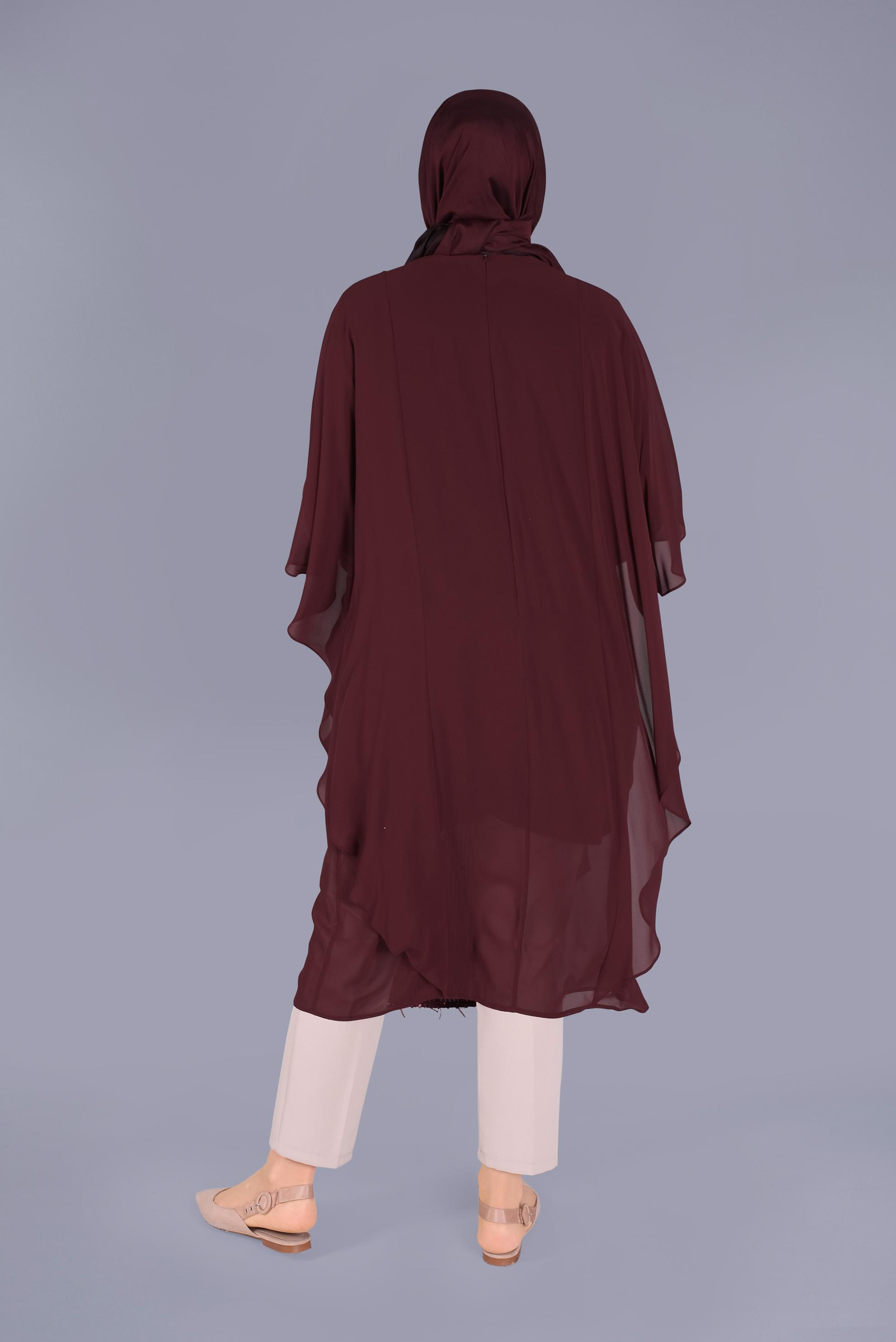 Tesettür giyim BORDO PULLU ŞİFON TUNİK 40857