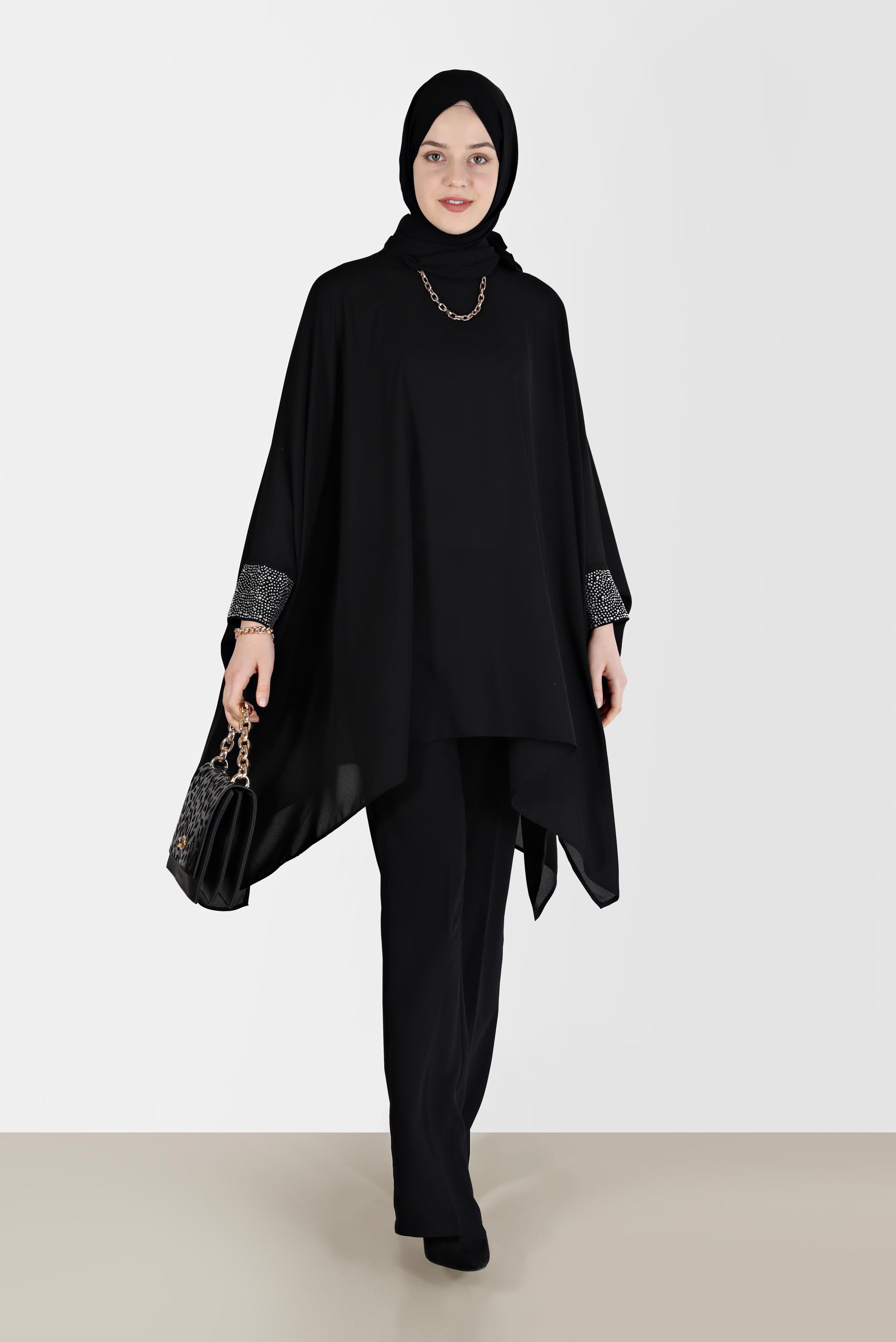 Tesettür giyim SİYAH KOLLARI TAŞ BASKILI ASİMETRİK KESİM TUNİK 40858 