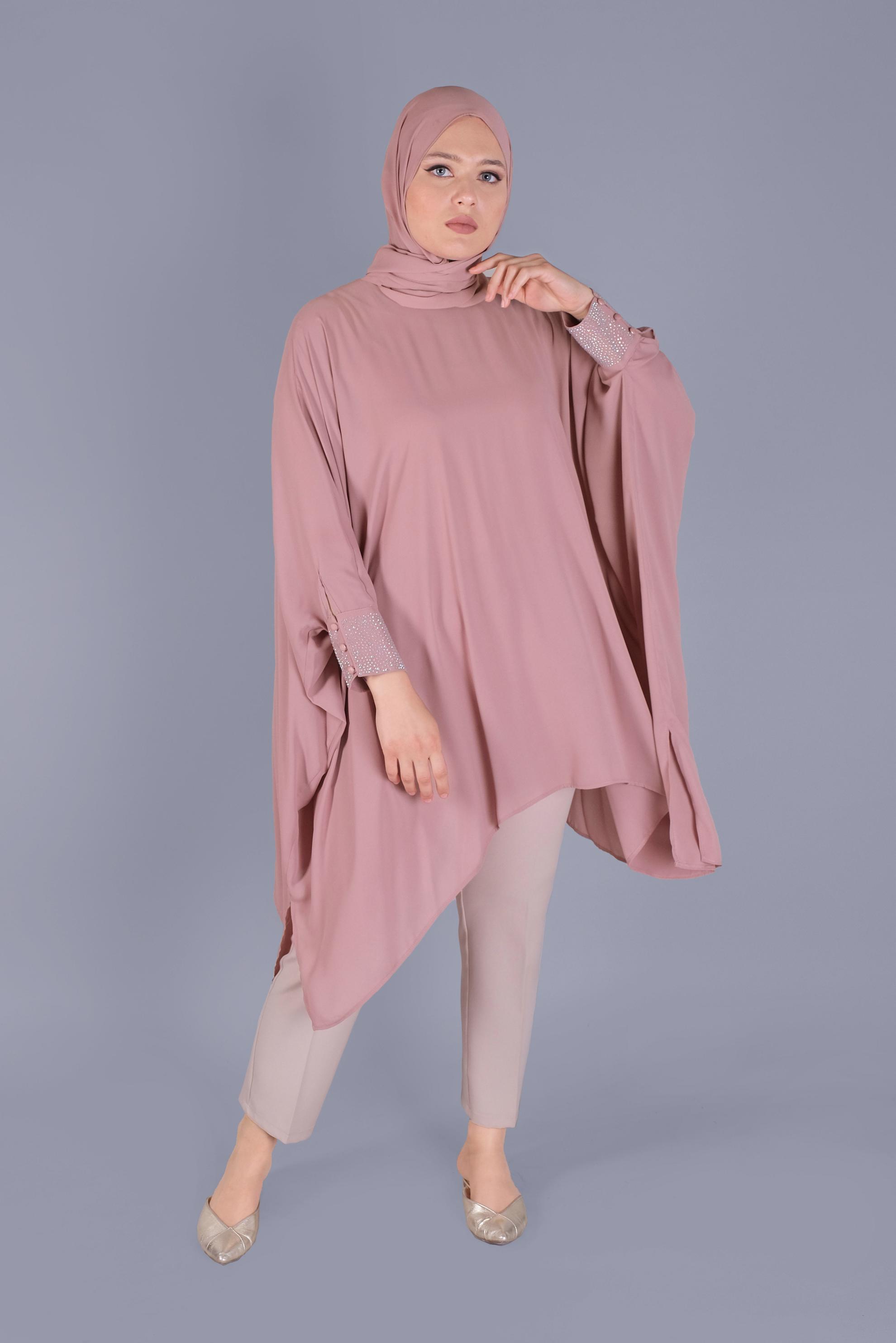 Tesettür giyim PUDRA KOLLARI TAŞ BASKILI ASİMETRİK KESİM TUNİK 40858 