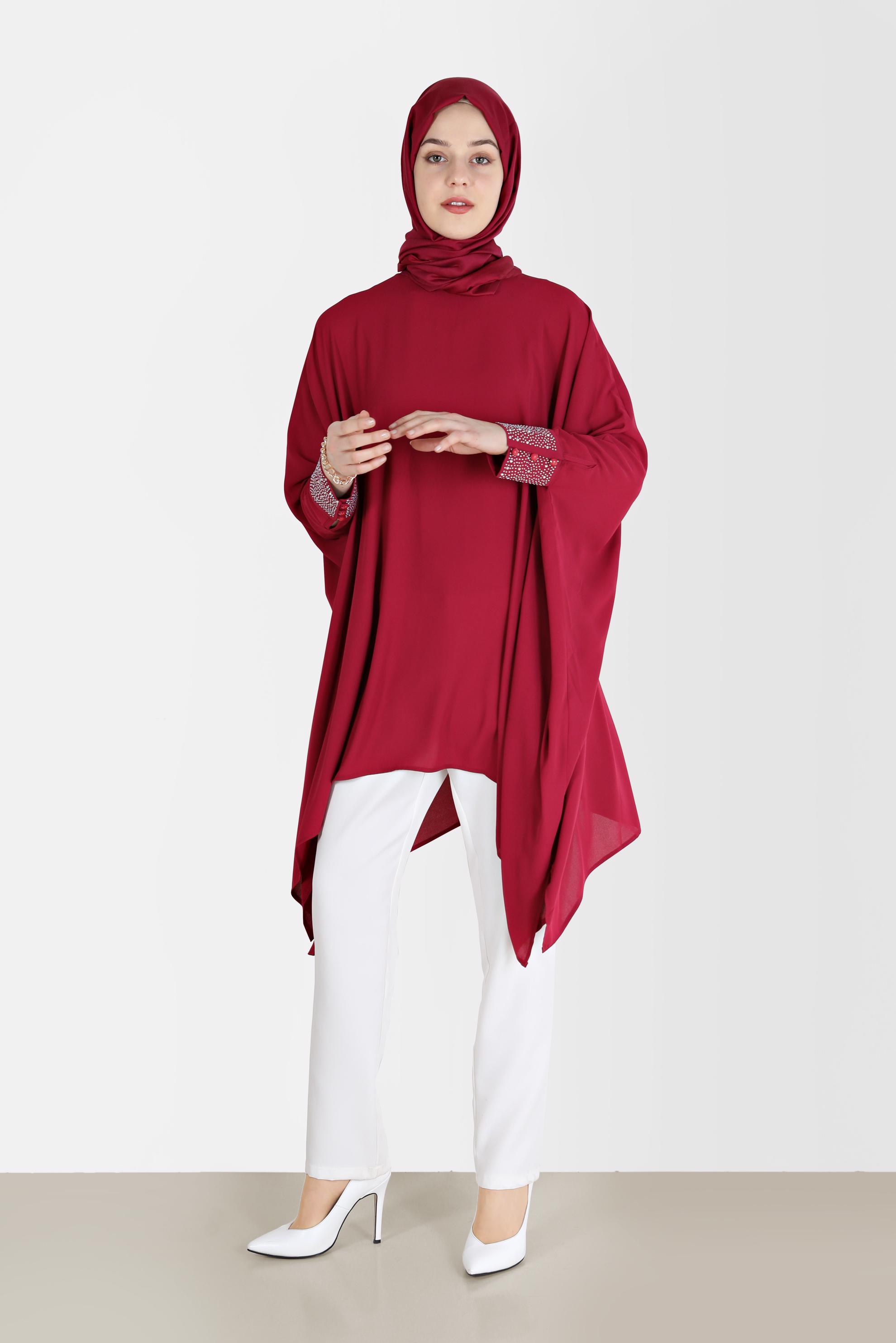 Tesettür giyim MOR KOLLARI TAŞ BASKILI ASİMETRİK KESİM TUNİK 40858 