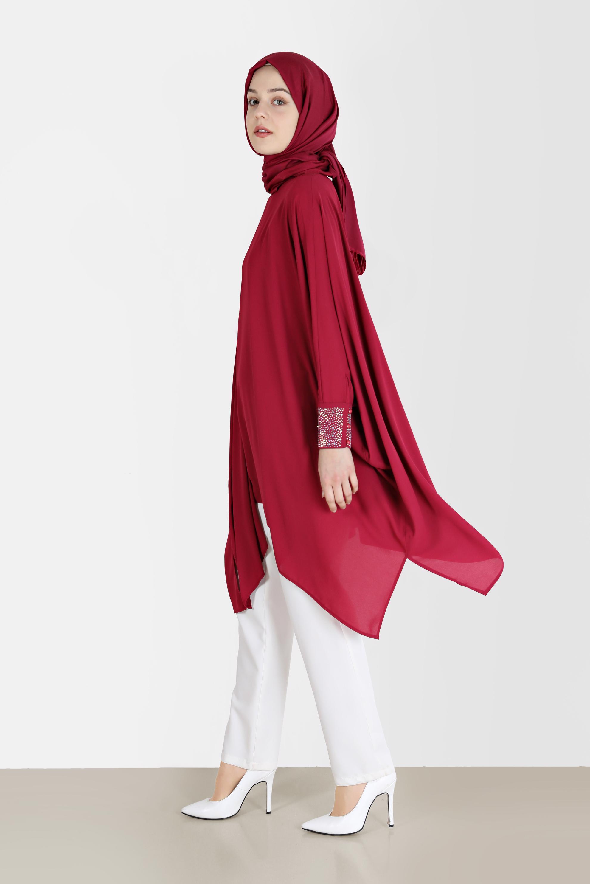 Tesettür giyim MOR KOLLARI TAŞ BASKILI ASİMETRİK KESİM TUNİK 40858 