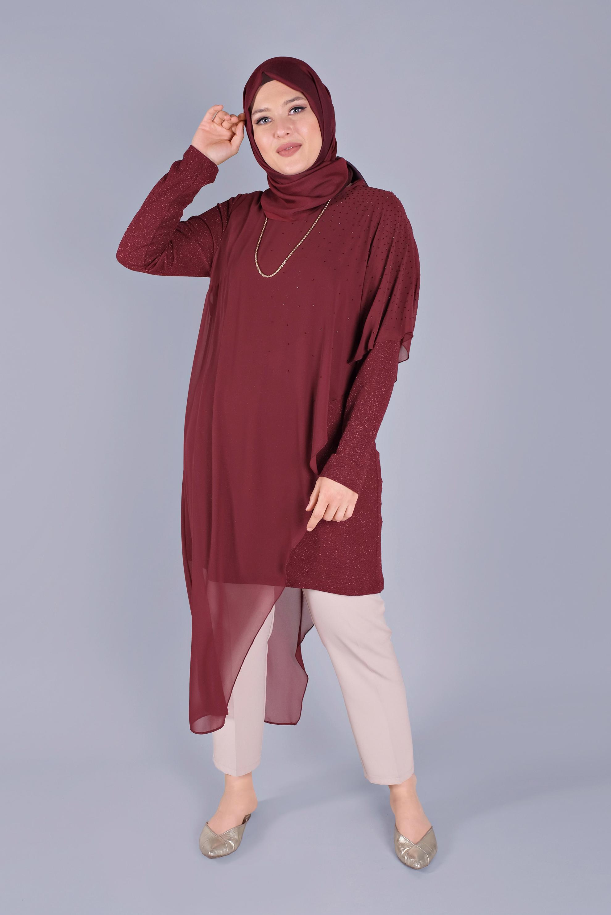 Tesettür giyim BORDO VOLANLI TAŞLI  SİMLİ TUNİK 40859 