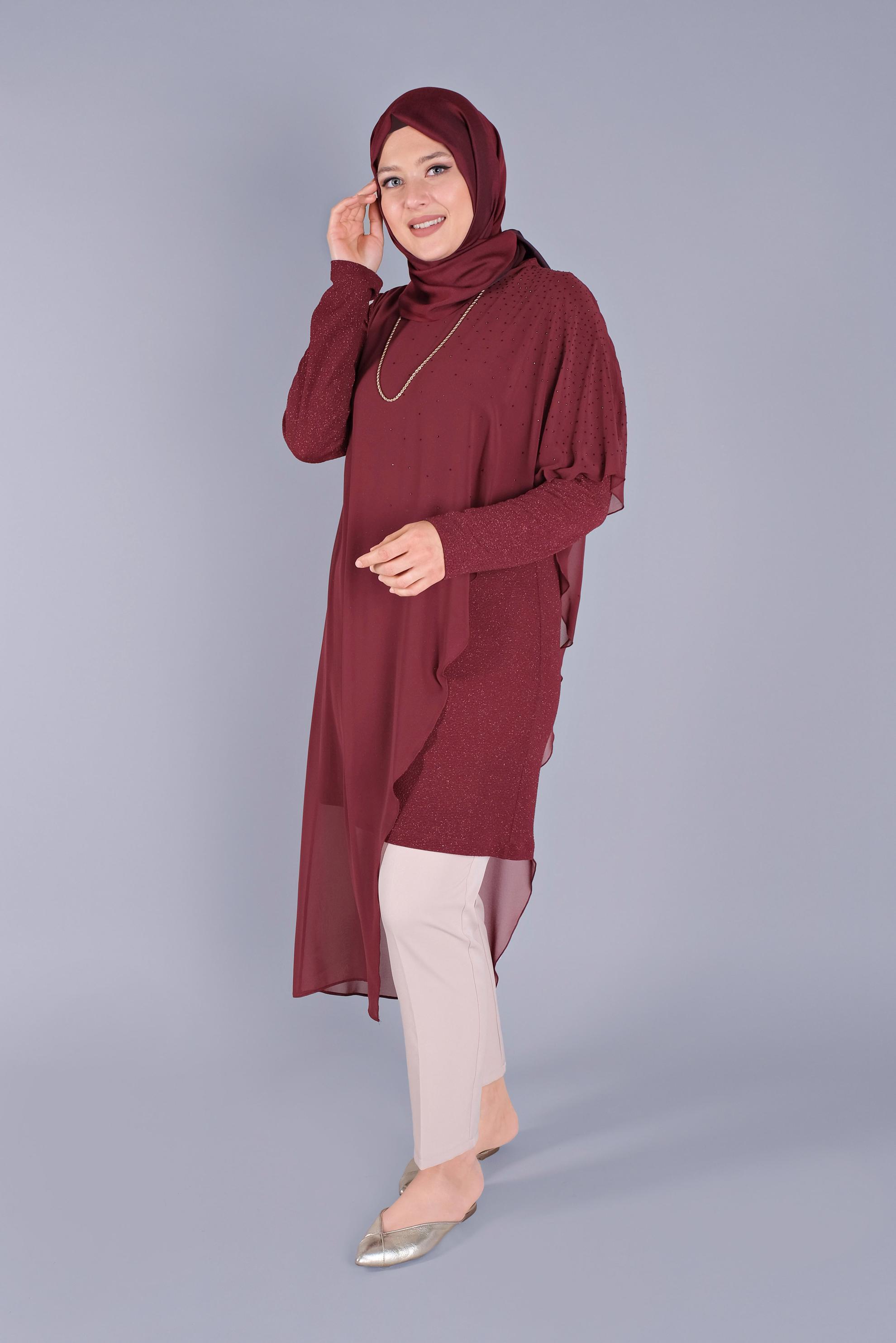 Tesettür giyim BORDO VOLANLI TAŞLI  SİMLİ TUNİK 40859 