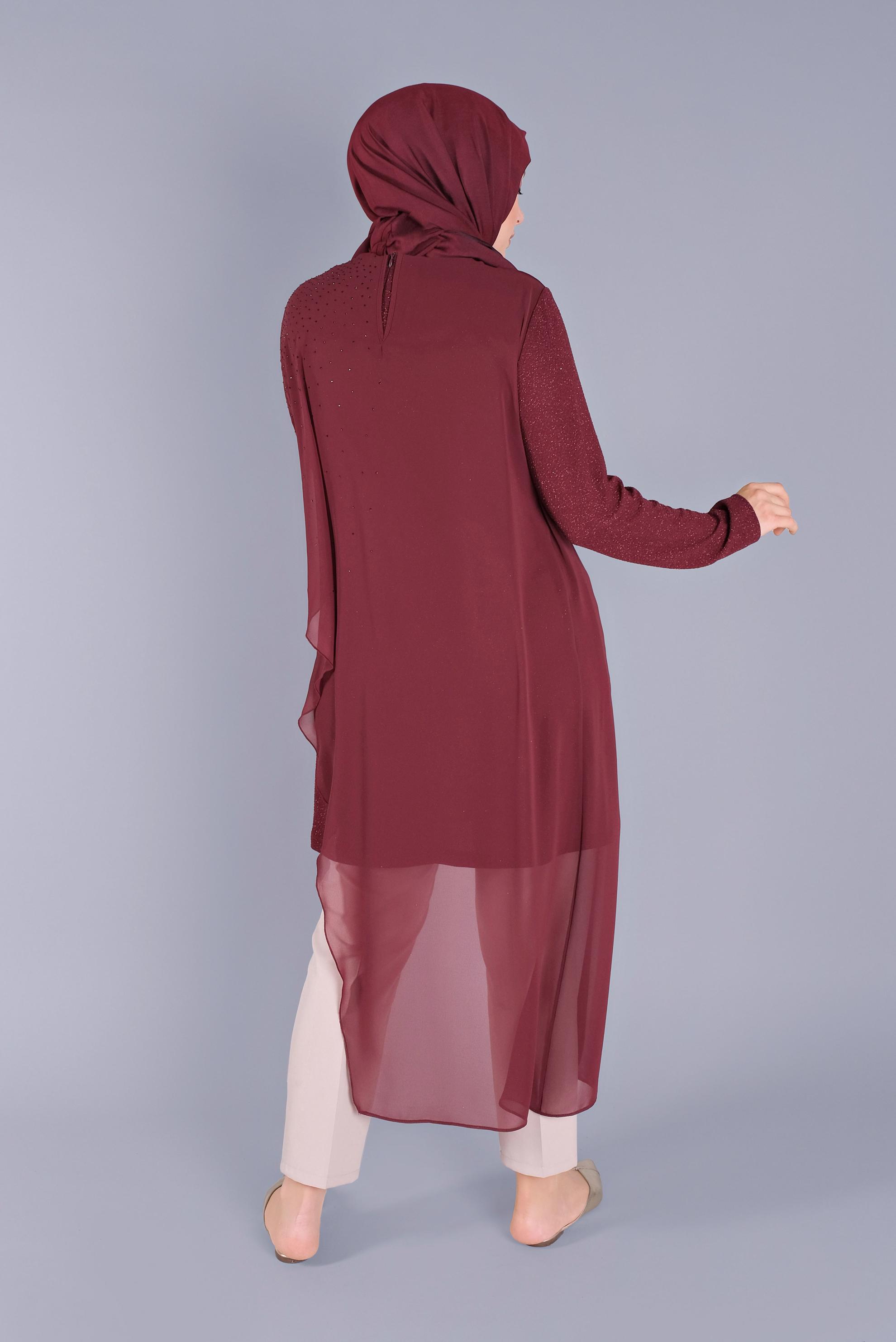 Tesettür giyim BORDO VOLANLI TAŞLI  SİMLİ TUNİK 40859 