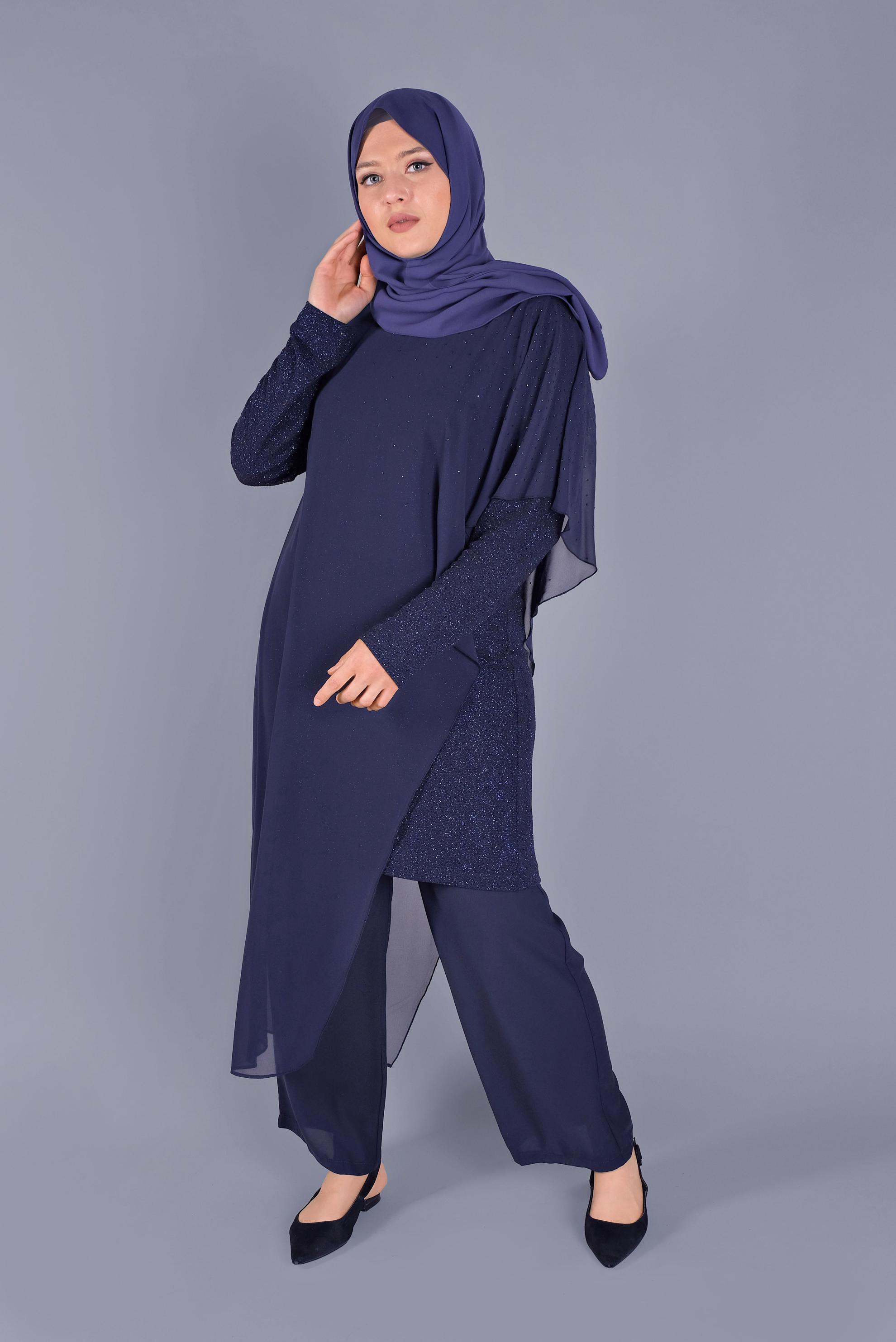 Hijab clothing NAVY BLUE 40859 FUKURO SİMLİ TUNİK 44/48 TEK46