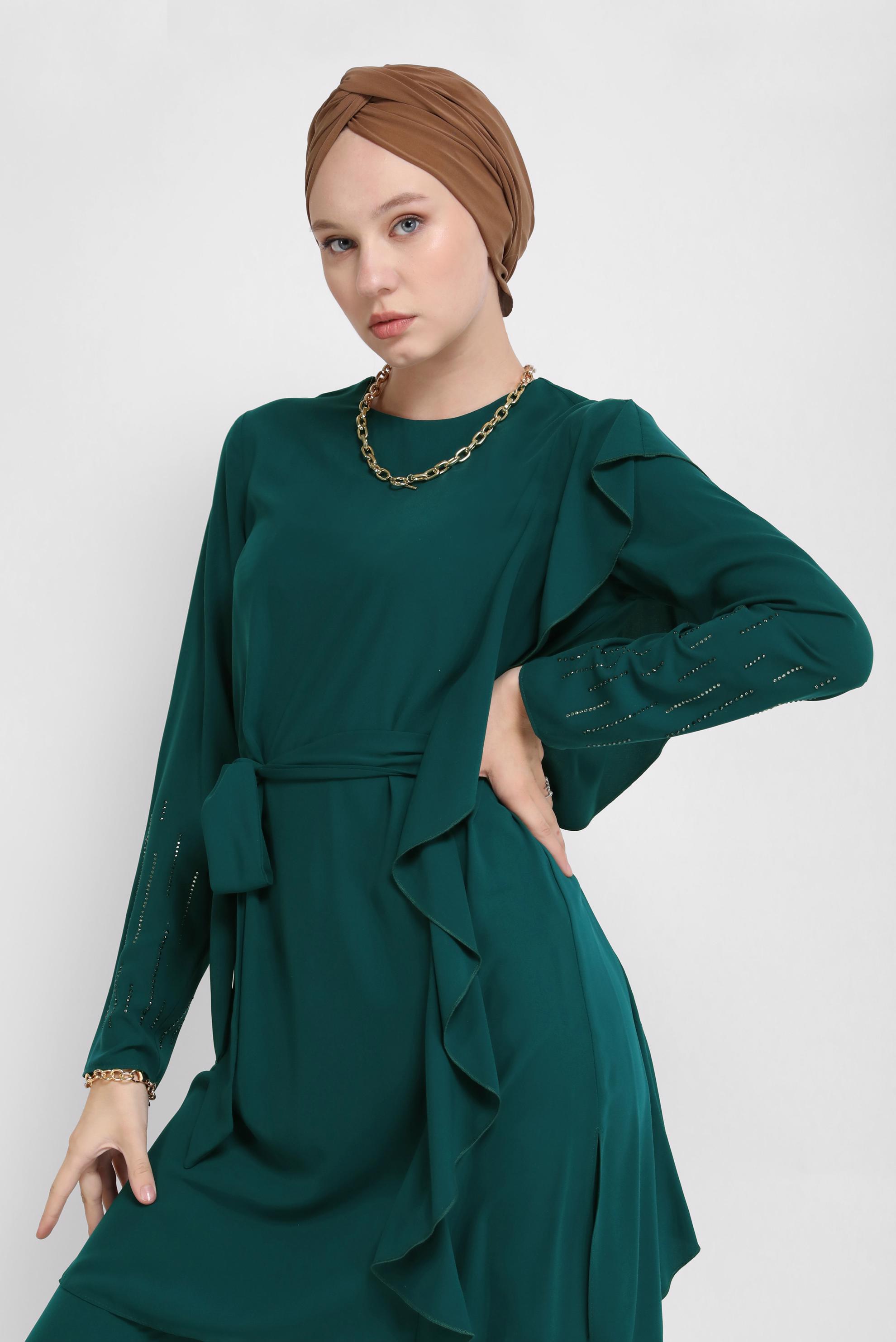 Tesettür giyim YEŞİL KOL UCU TAŞ DETAYLI TUNİK 40861 