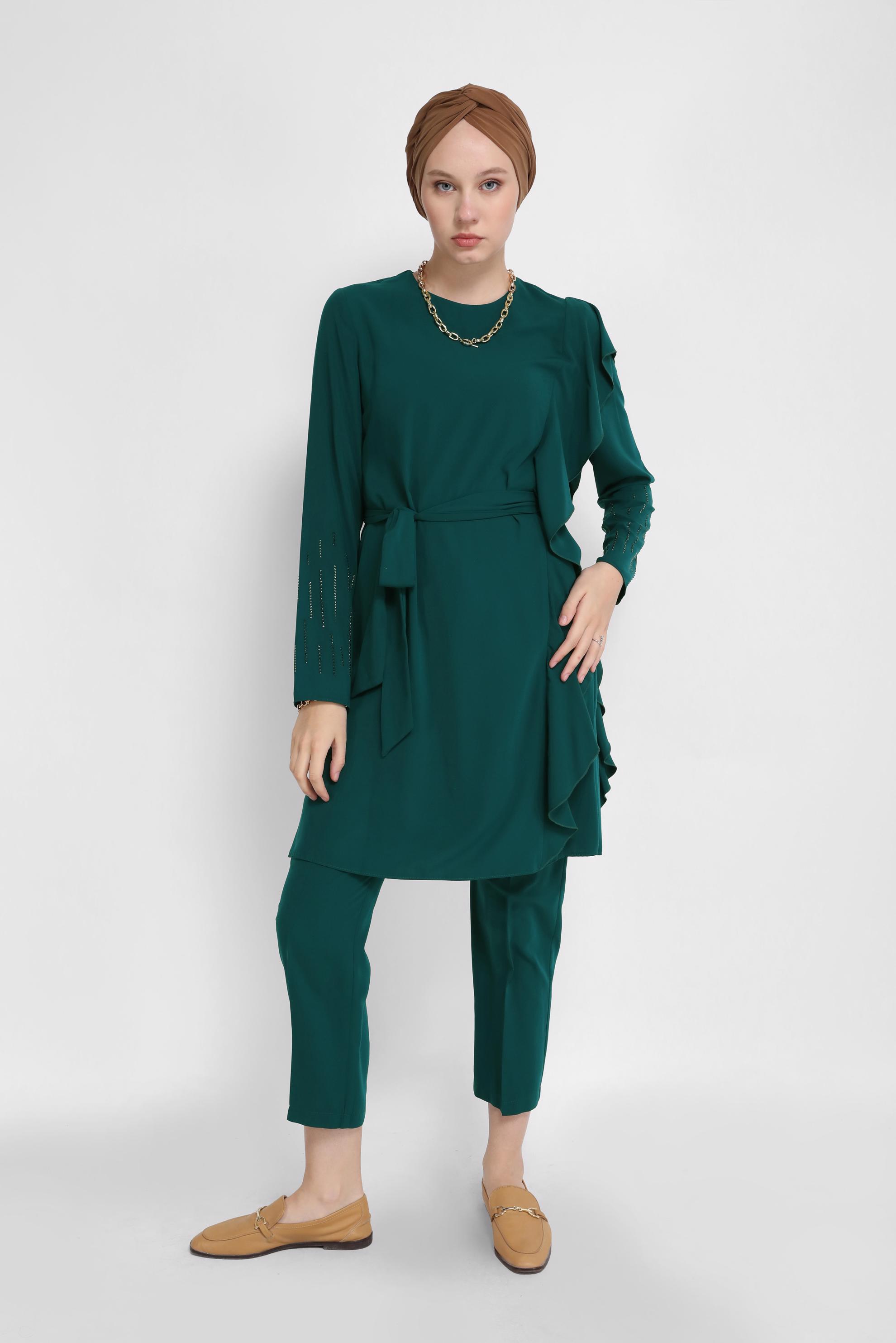 Tesettür giyim YEŞİL KOL UCU TAŞ DETAYLI TUNİK 40861 