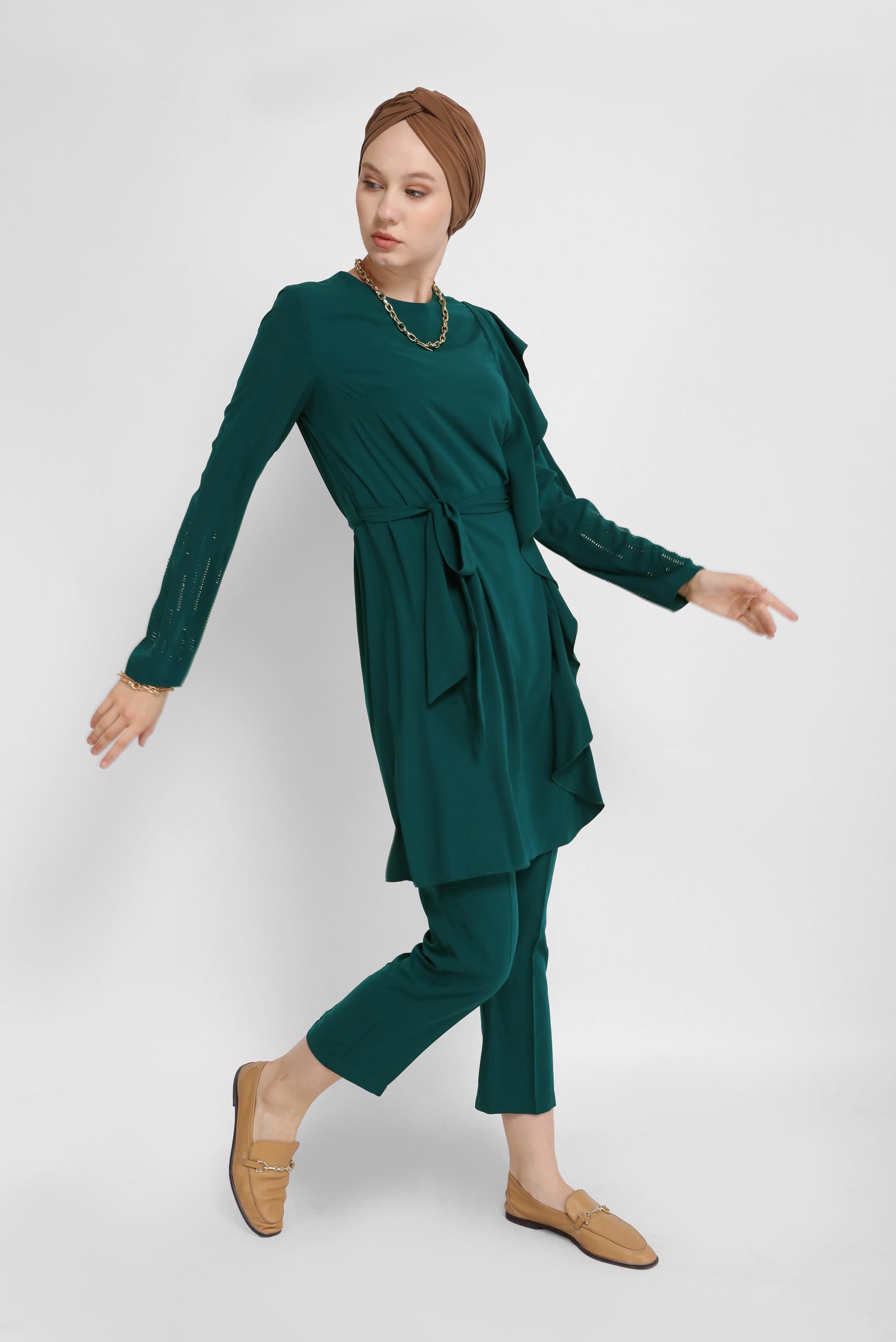 Tesettür giyim YEŞİL KOL UCU TAŞ DETAYLI TUNİK 40861 