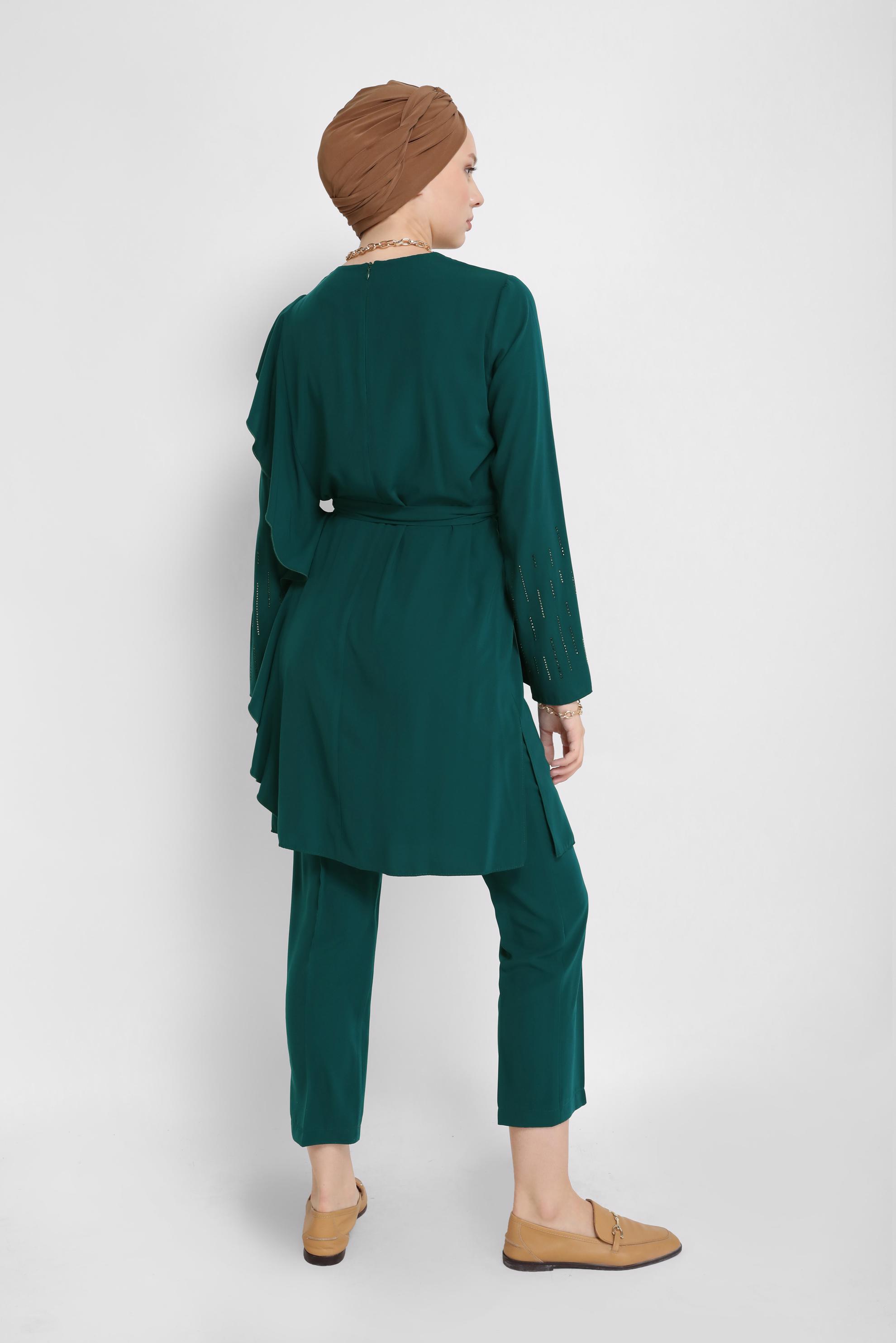 Tesettür giyim YEŞİL KOL UCU TAŞ DETAYLI TUNİK 40861 