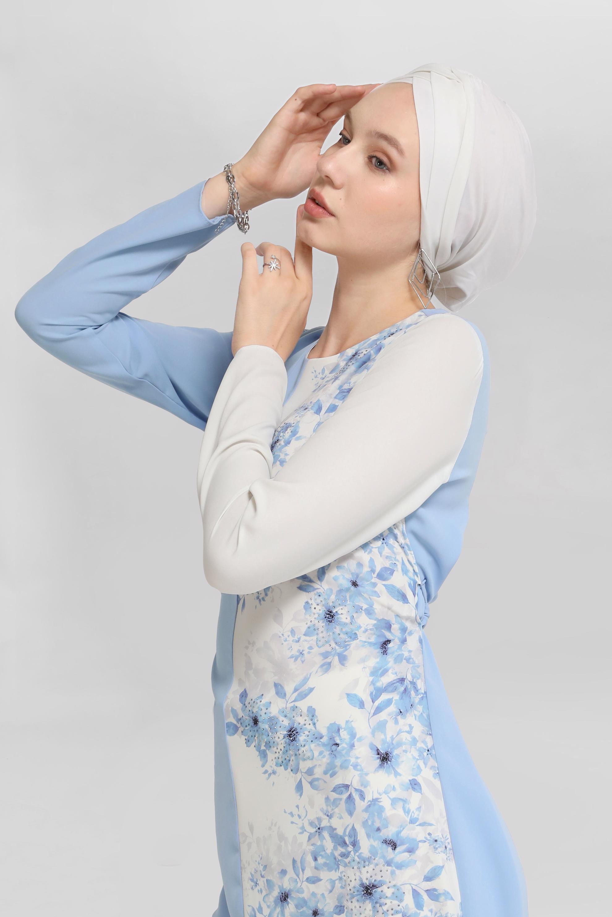 Tesettür giyim MAVİ KUŞAKLI ÇİÇEK DESENLİ TUNİK 40865 