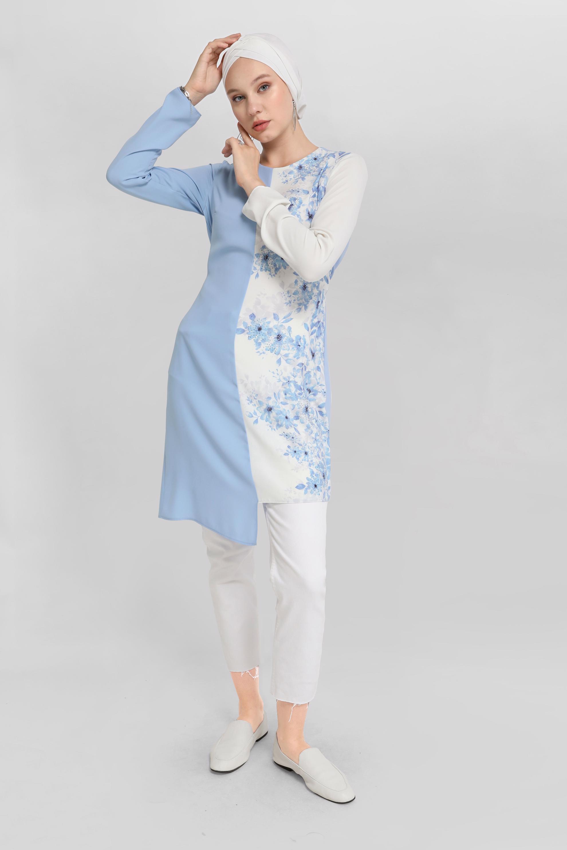 Tesettür giyim MAVİ KUŞAKLI ÇİÇEK DESENLİ TUNİK 40865 