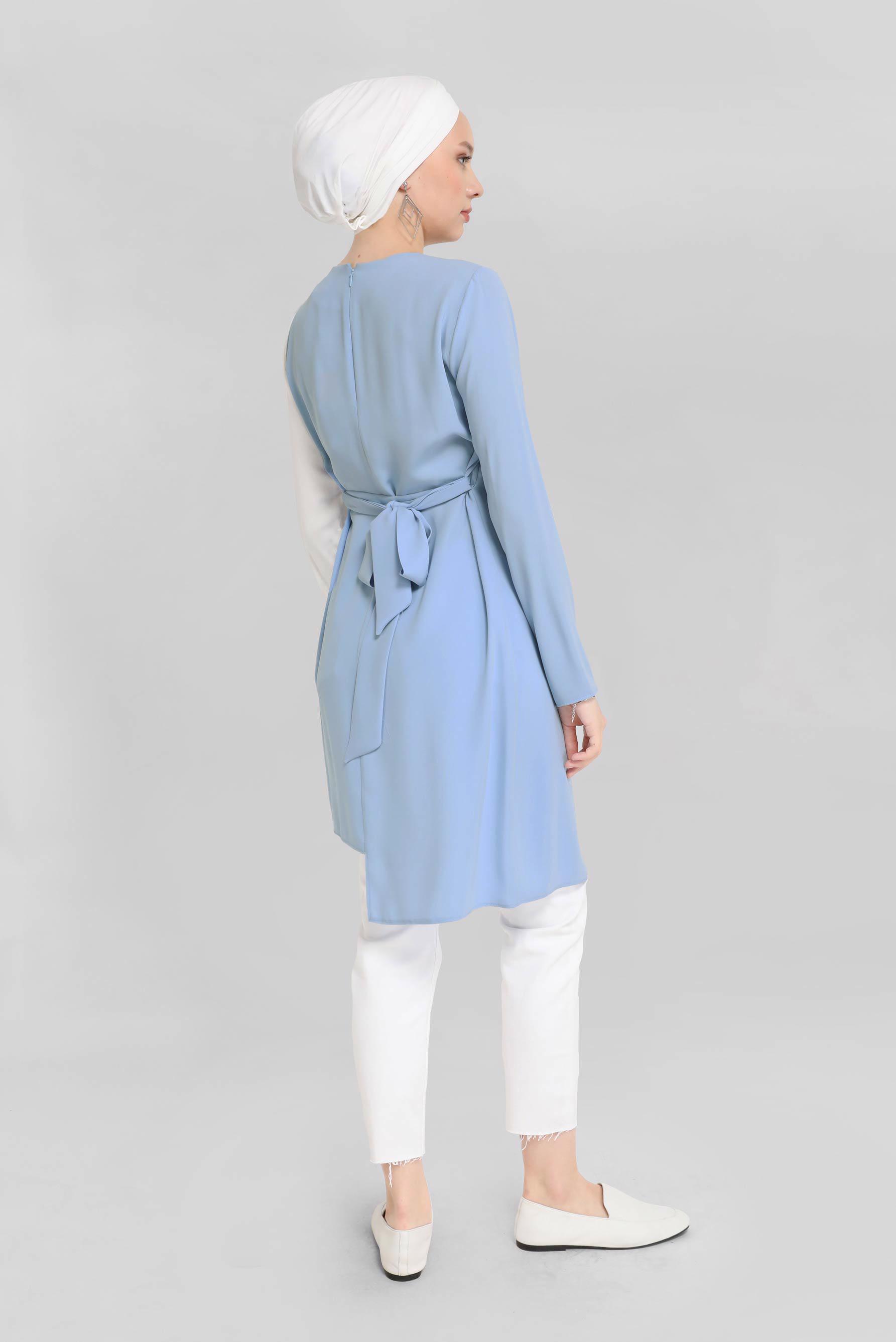 Tesettür giyim MAVİ KUŞAKLI ÇİÇEK DESENLİ TUNİK 40865 