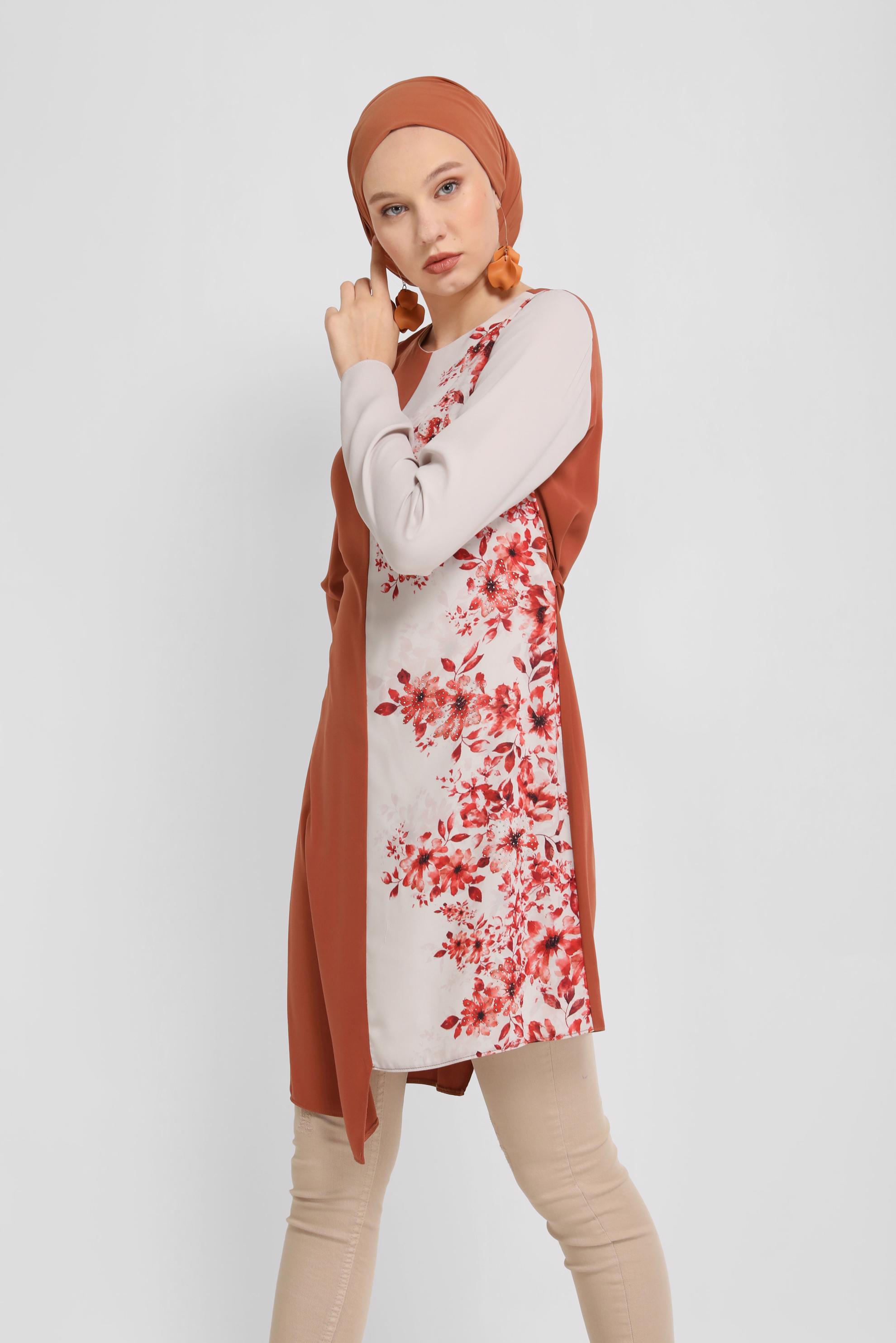 Tesettür giyim TURUNCU KUŞAKLI ÇİÇEK DESENLİ TUNİK 40865 