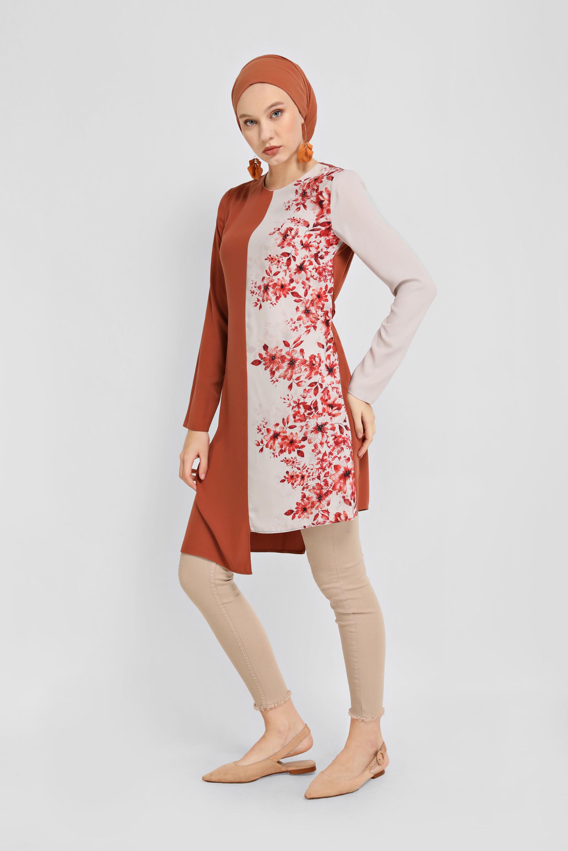 Tesettür giyim TURUNCU KUŞAKLI ÇİÇEK DESENLİ TUNİK 40865 