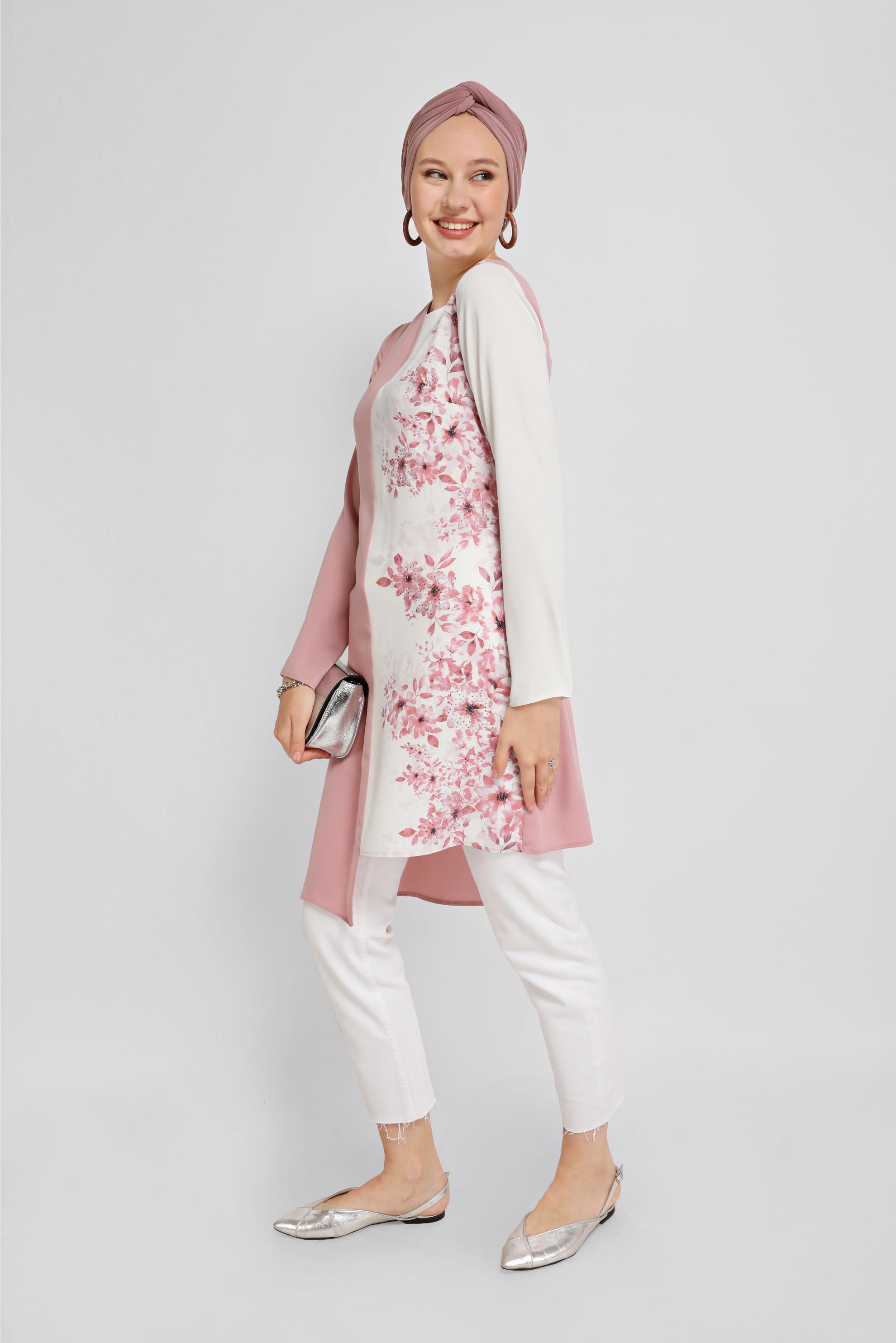 Tesettür giyim PUDRA KUŞAKLI ÇİÇEK DESENLİ TUNİK 40865 