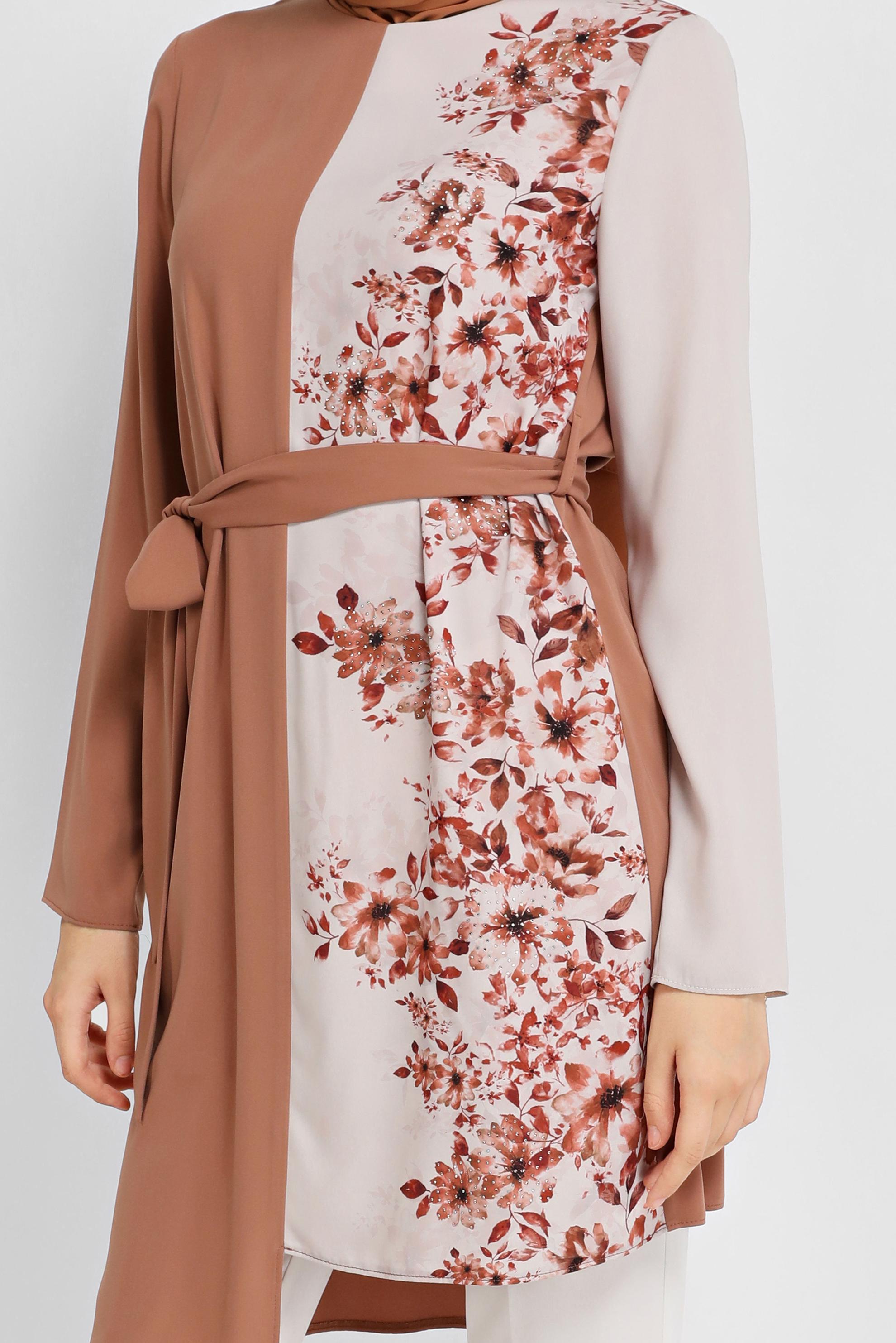 Tesettür giyim KAHVE KUŞAKLI ÇİÇEK DESENLİ TUNİK 40865 
