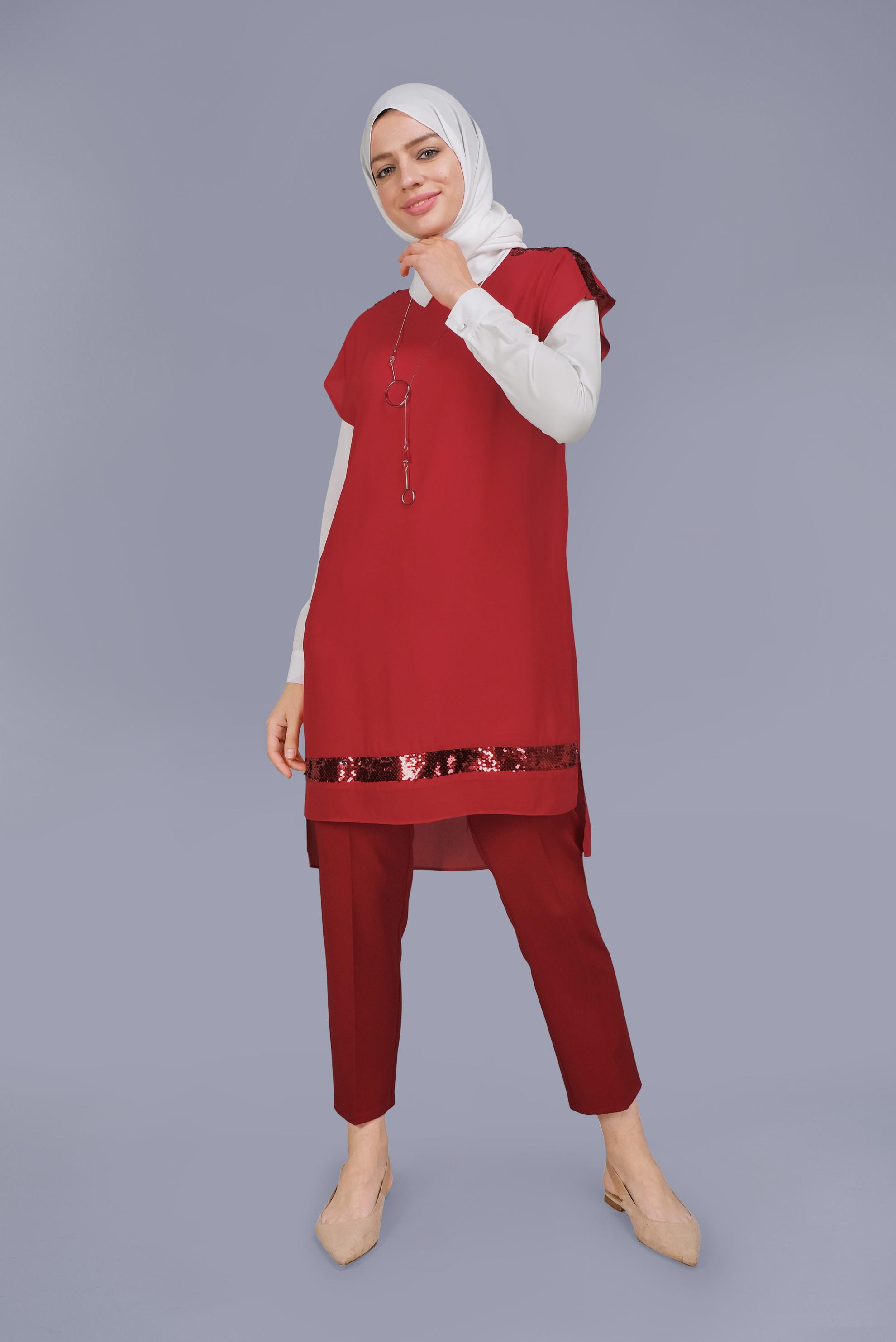 Tesettür giyim KIRMIZI PUL PAYET DETAYLI İKİLİ TUNİK 40866 