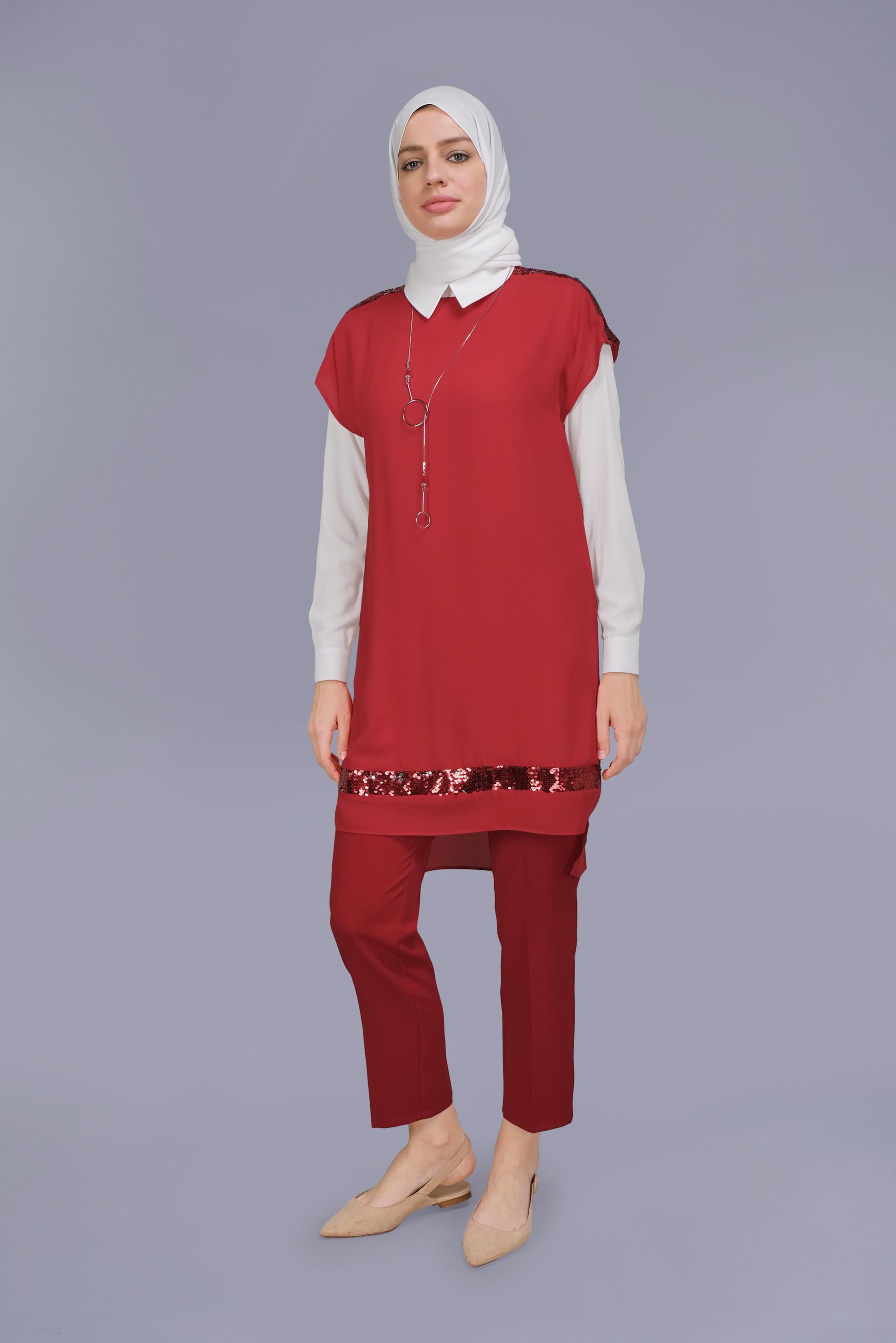Tesettür giyim KIRMIZI PUL PAYET DETAYLI İKİLİ TUNİK 40866 