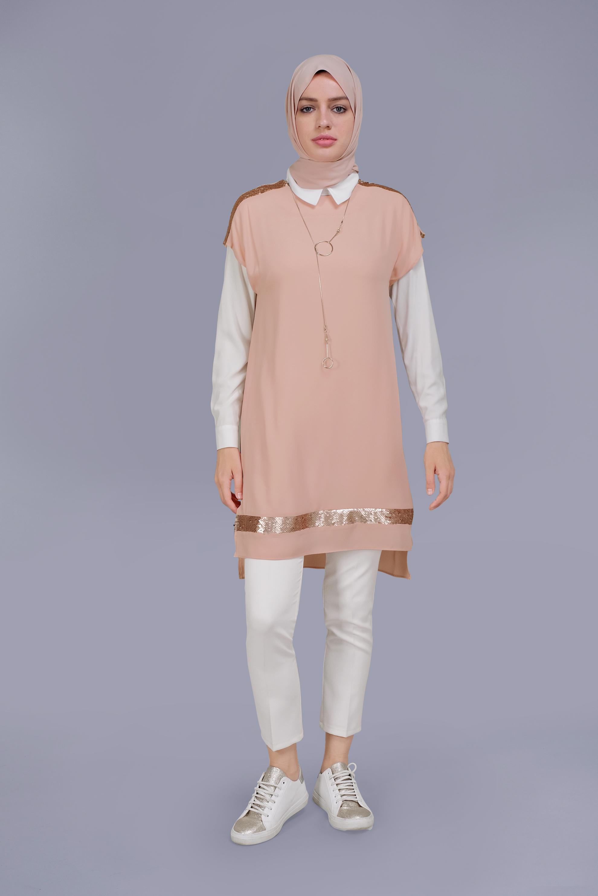 Tesettür giyim PUDRA PUL PAYET DETAYLI İKİLİ TUNİK 40866 