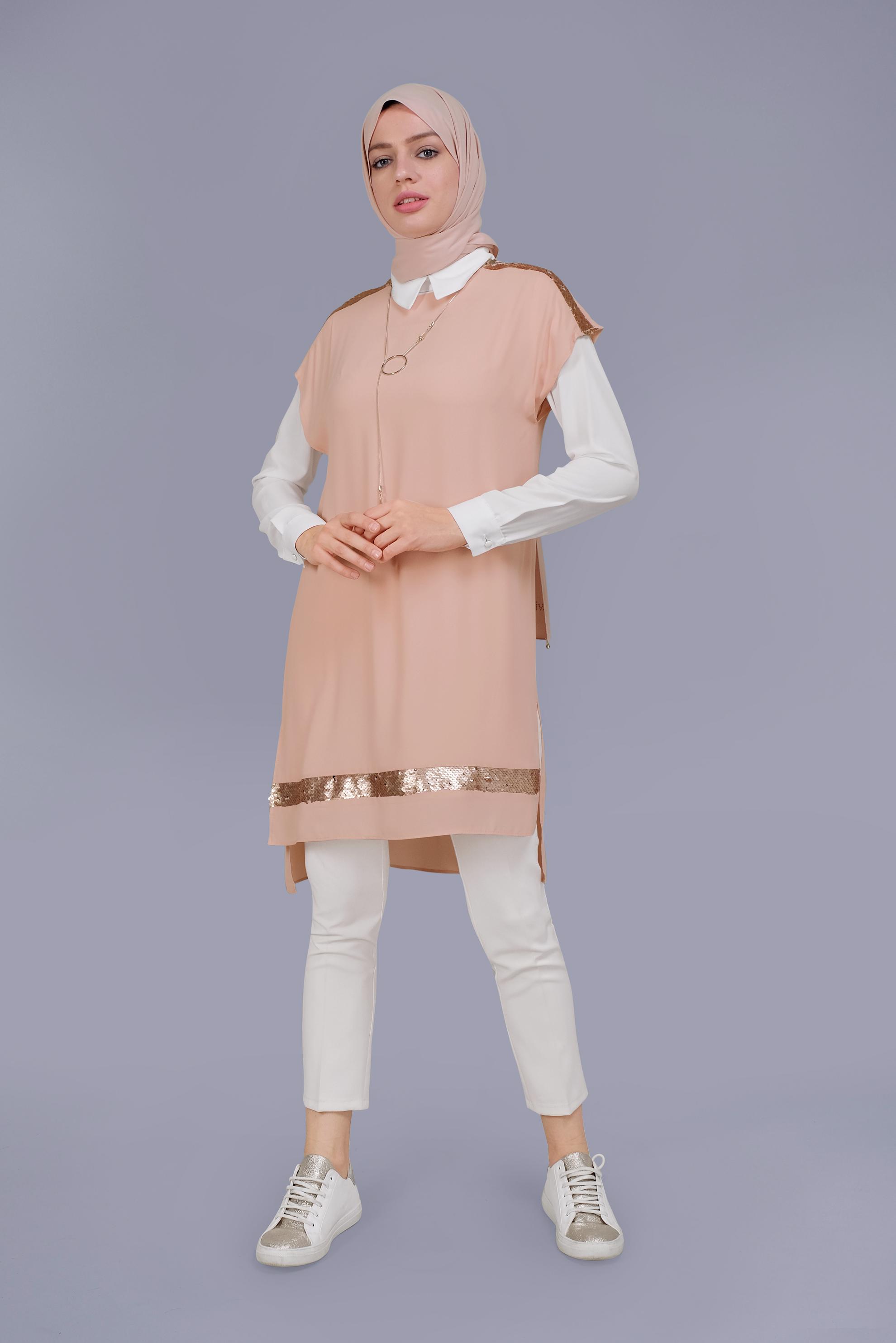 Tesettür giyim PUDRA PUL PAYET DETAYLI İKİLİ TUNİK 40866 