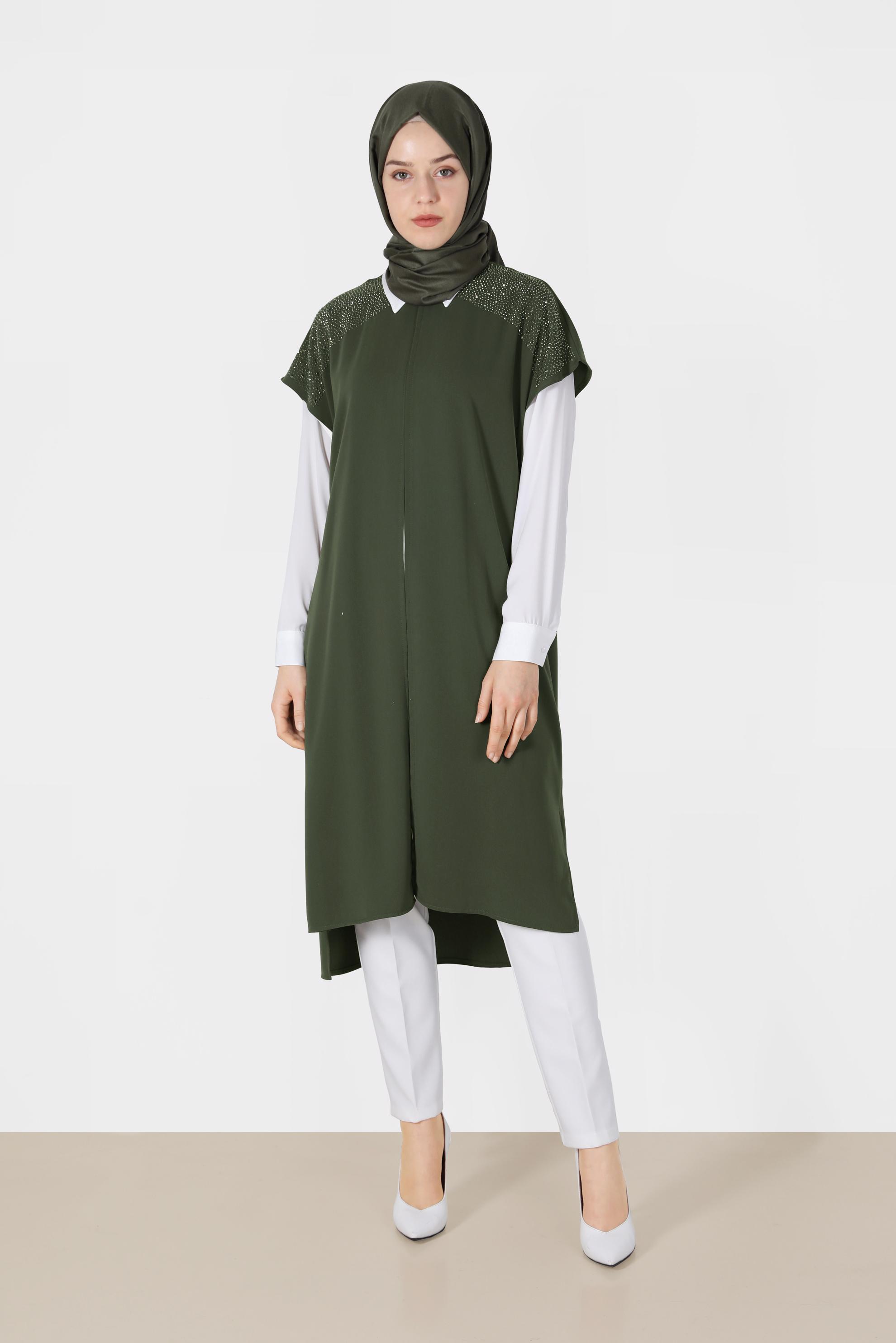 Tesettür giyim HAKİ TAŞ BASKILI İKİLİ TUNİK 40875 