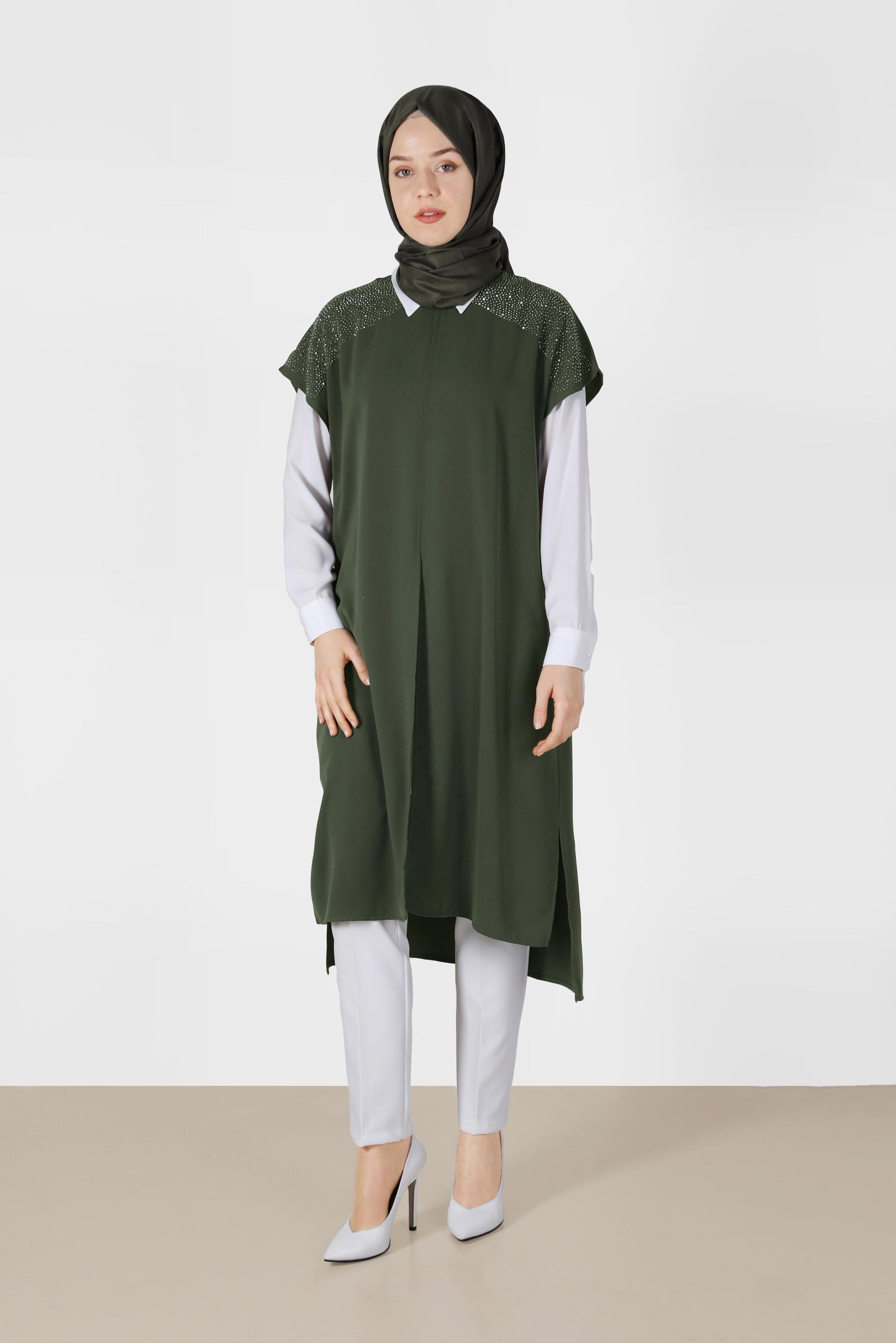 Tesettür giyim HAKİ TAŞ BASKILI İKİLİ TUNİK 40875 