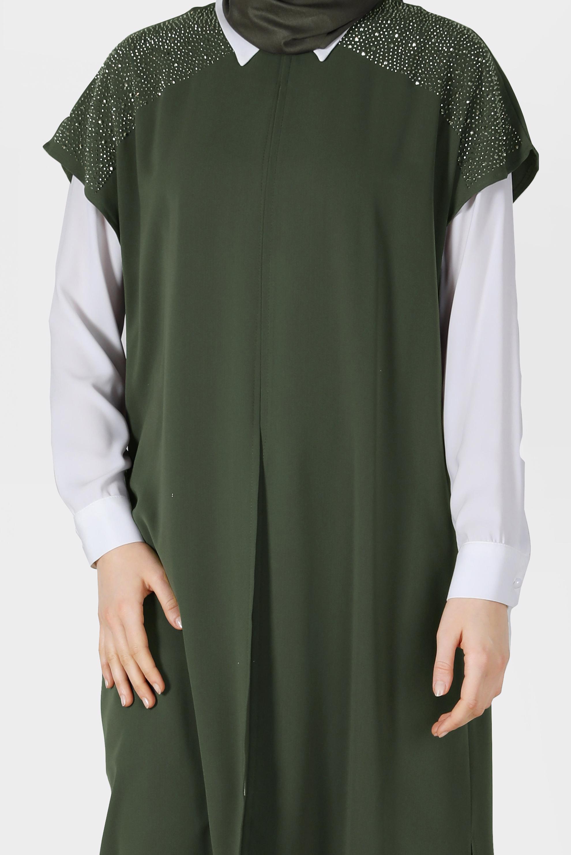 Tesettür giyim HAKİ TAŞ BASKILI İKİLİ TUNİK 40875 