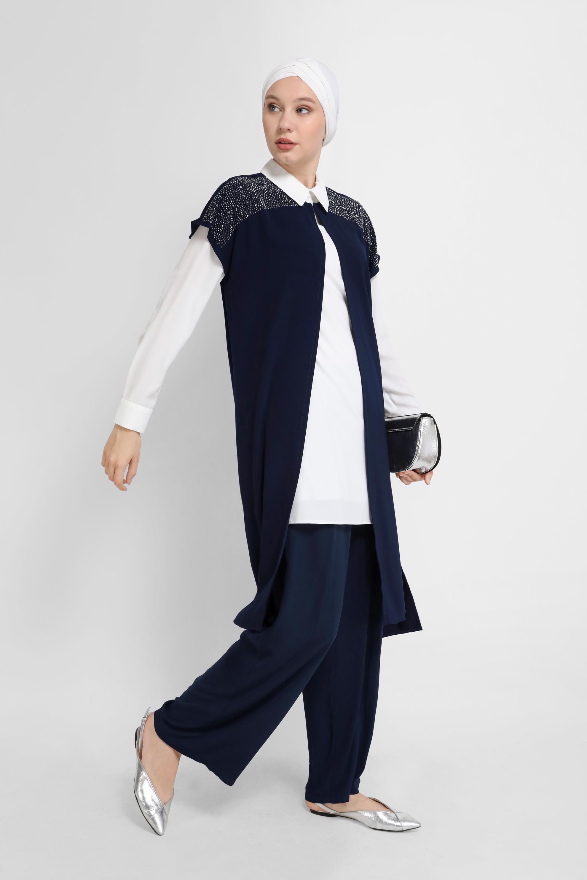 Tesettür giyim LACİVERT TAŞ BASKILI İKİLİ TUNİK 40875 