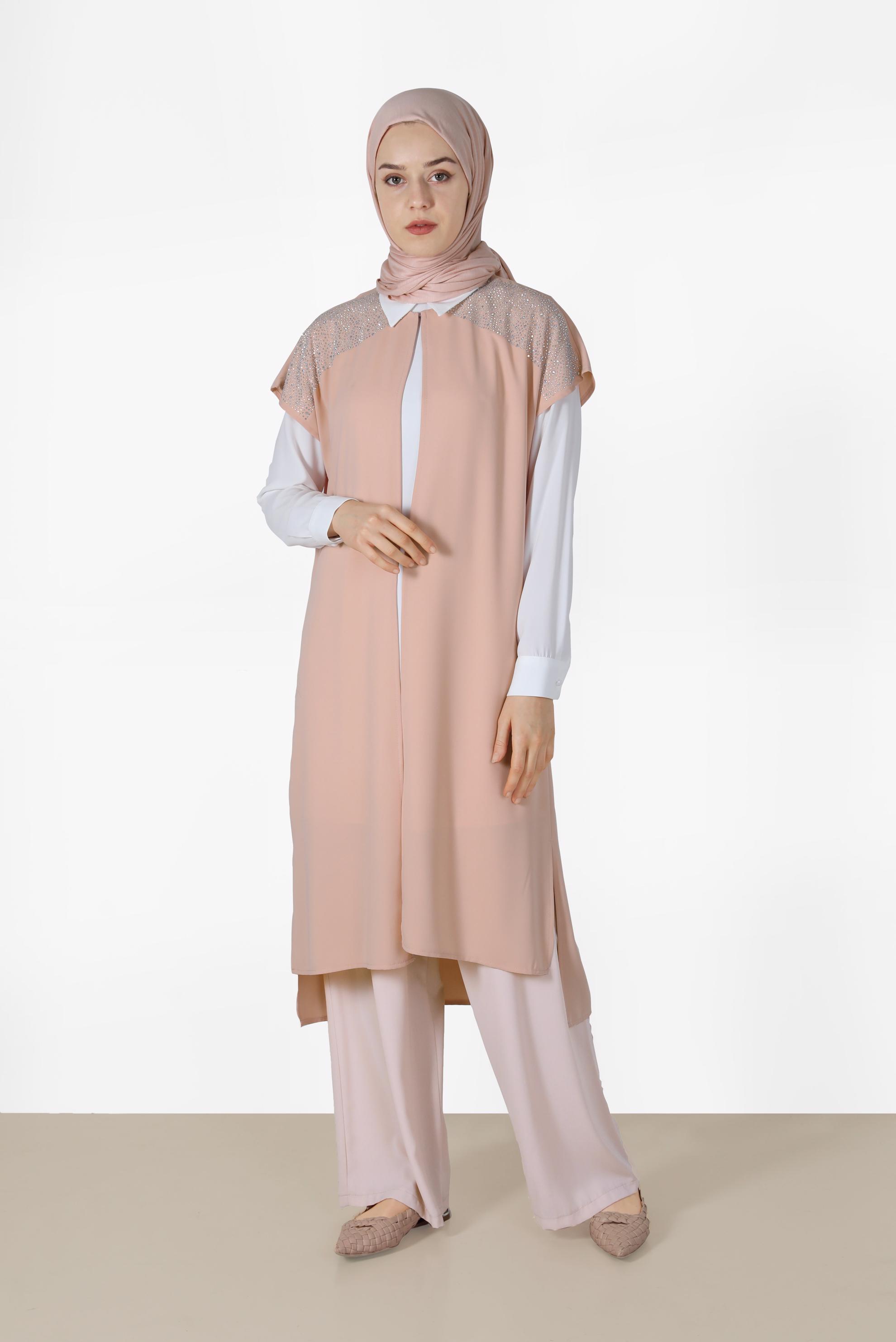 Tesettür giyim PUDRA TAŞ BASKILI İKİLİ TUNİK 40875 