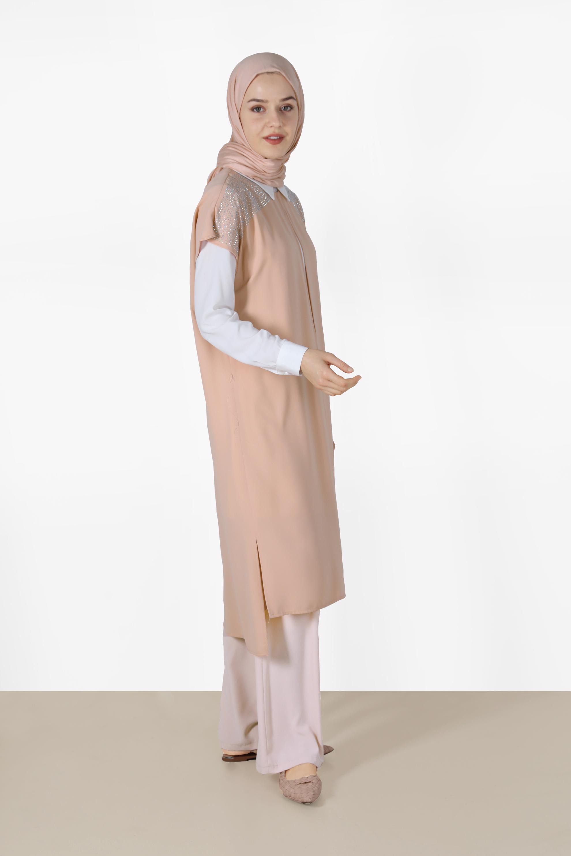 Tesettür giyim PUDRA TAŞ BASKILI İKİLİ TUNİK 40875 