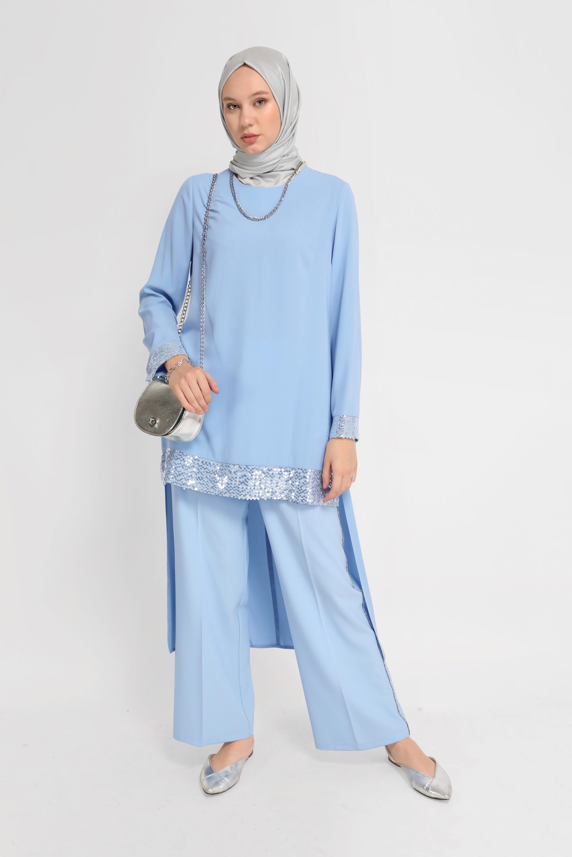 Tesettür giyim MAVİ KOL UCU PUL DETAYLI TUNİK 40876 
