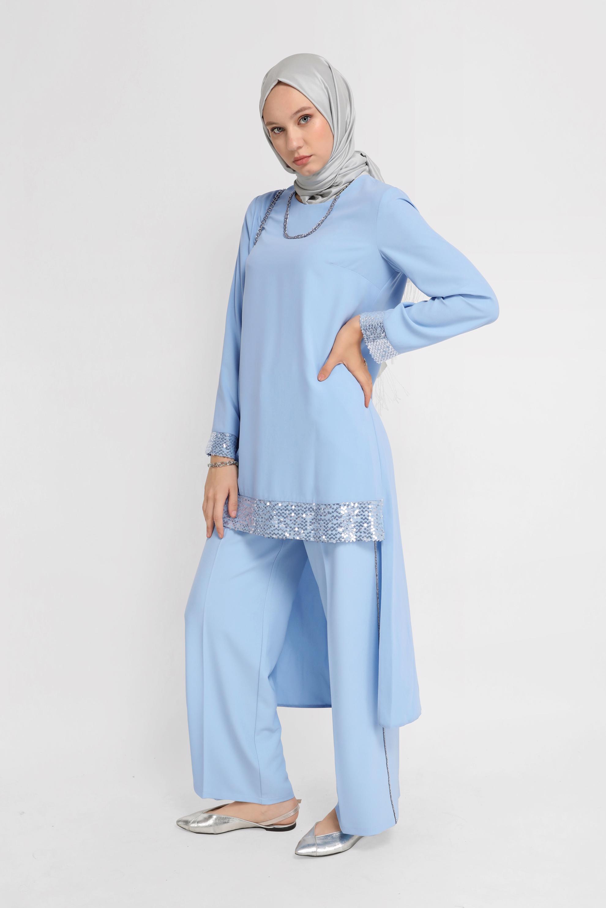 Tesettür giyim MAVİ KOL UCU PUL DETAYLI TUNİK 40876 