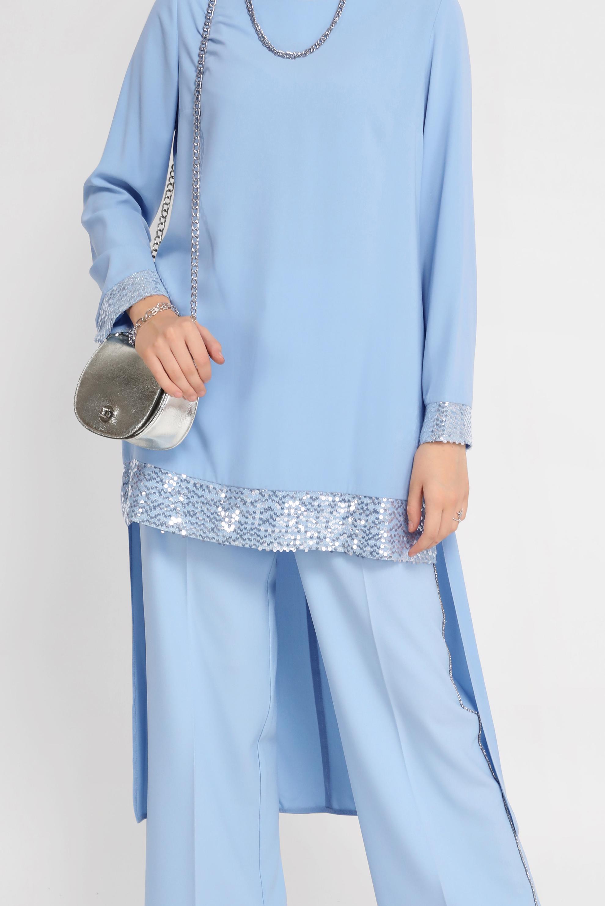 Tesettür giyim MAVİ KOL UCU PUL DETAYLI TUNİK 40876 