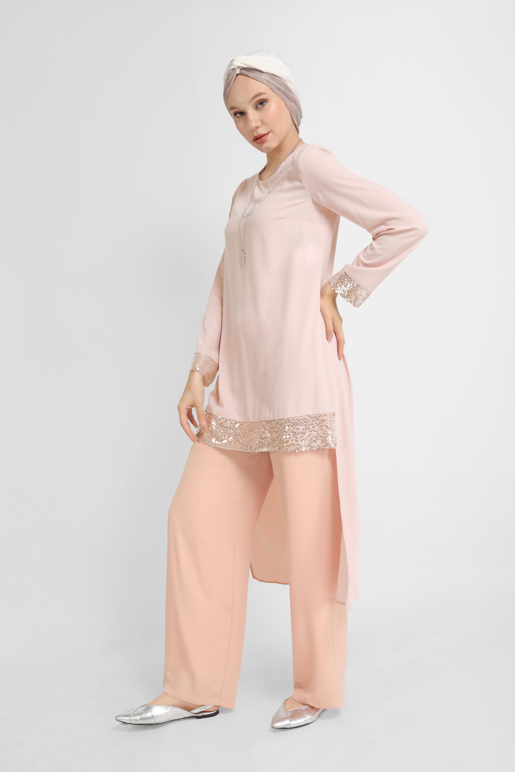 Tesettür giyim PUDRA KOL UCU PUL DETAYLI TUNİK 40876 