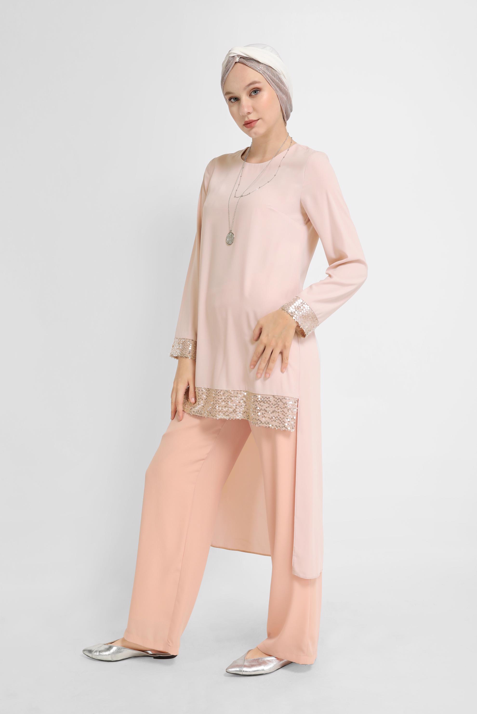 Tesettür giyim PUDRA KOL UCU PUL DETAYLI TUNİK 40876 