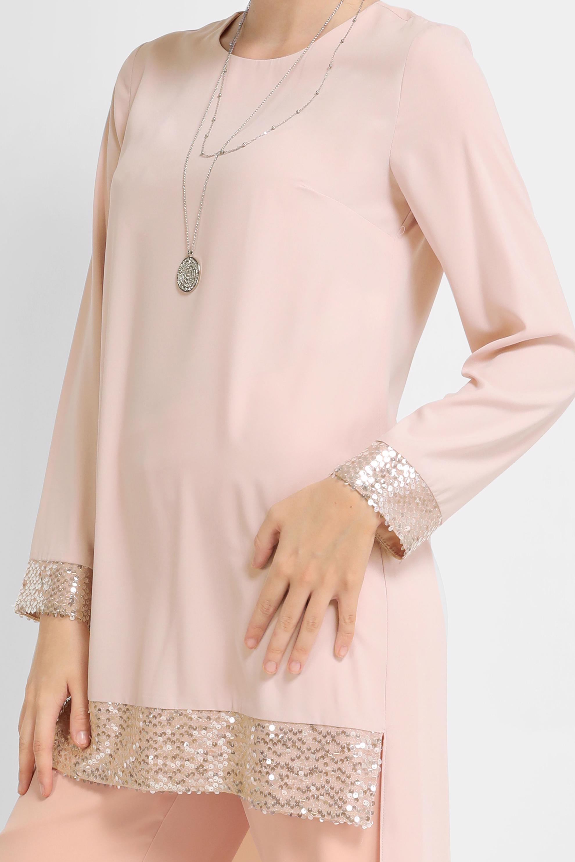 Tesettür giyim PUDRA KOL UCU PUL DETAYLI TUNİK 40876 