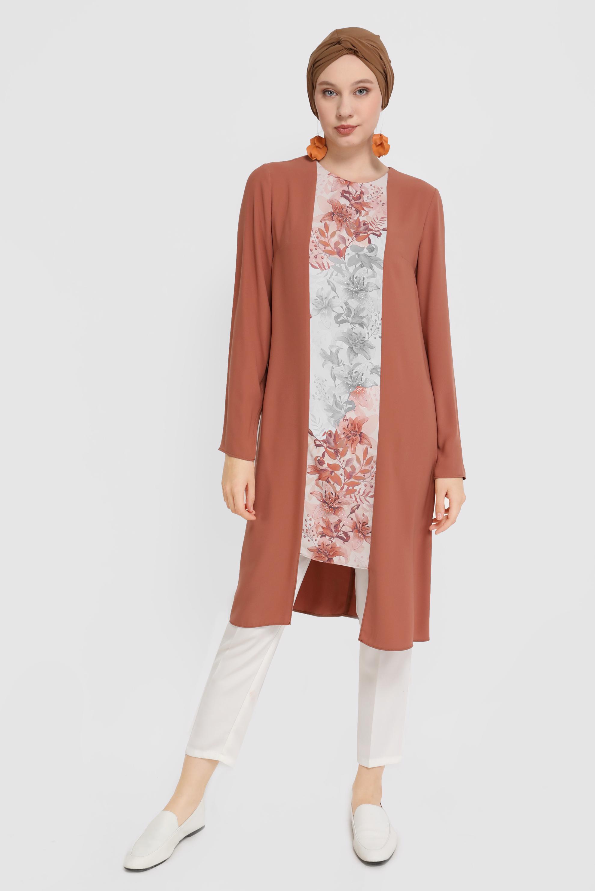 Tesettür giyim TURUNCU ÇİÇEK DESENLİ ARKADAN FERMUARLI TUNİK 40879 
