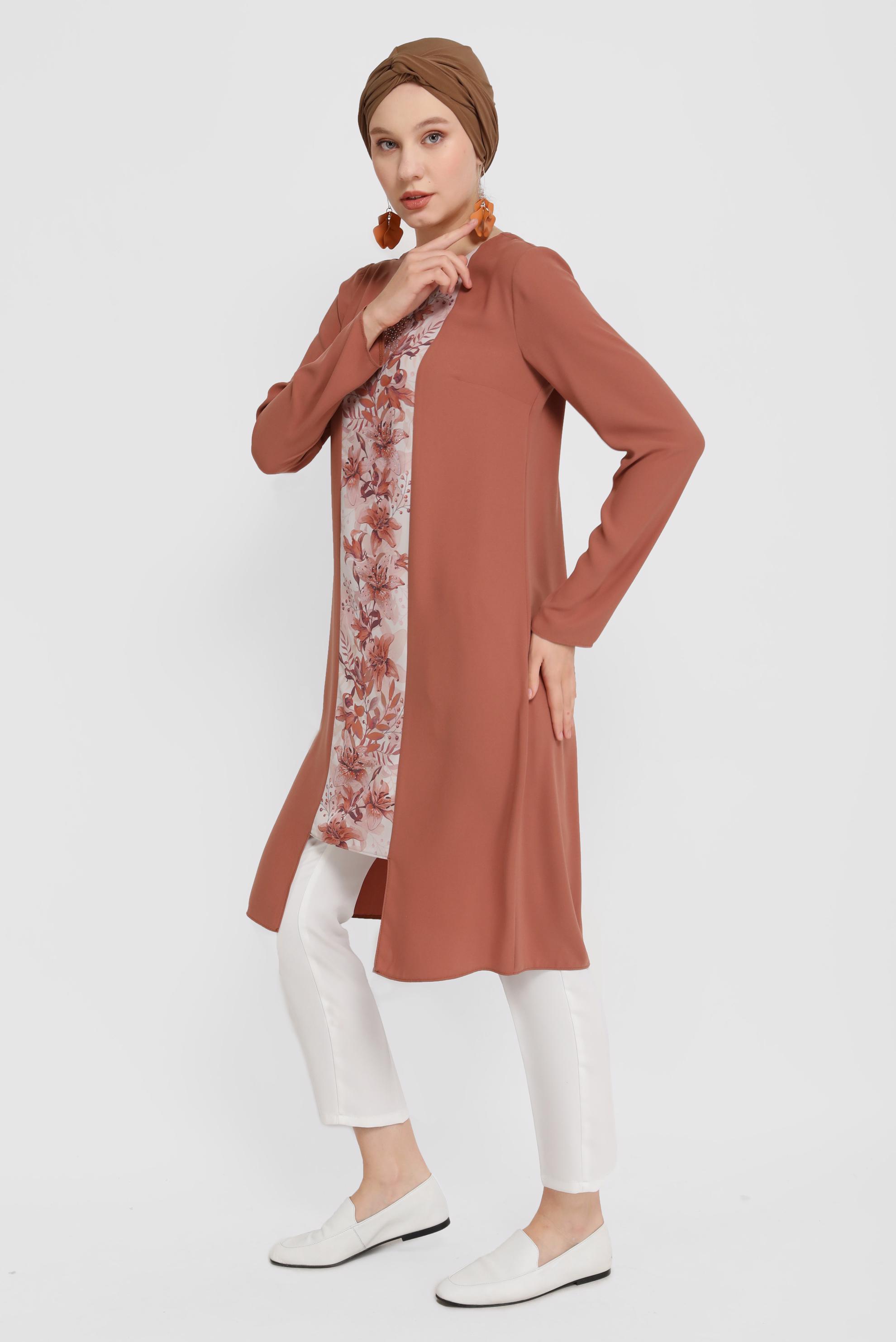 Tesettür giyim TURUNCU ÇİÇEK DESENLİ ARKADAN FERMUARLI TUNİK 40879 