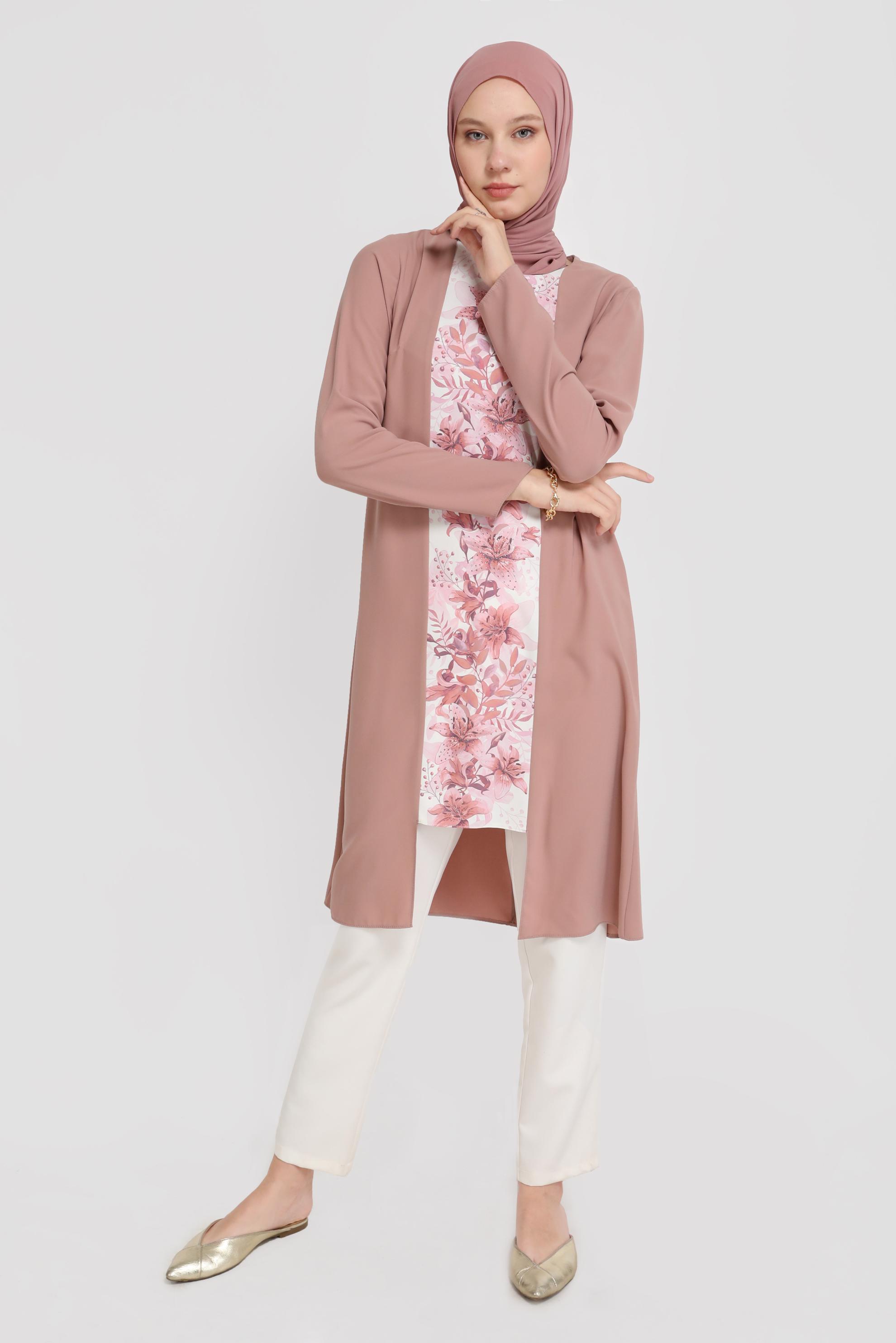 Tesettür giyim PUDRA ÇİÇEK DESENLİ ARKADAN FERMUARLI TUNİK 40879 