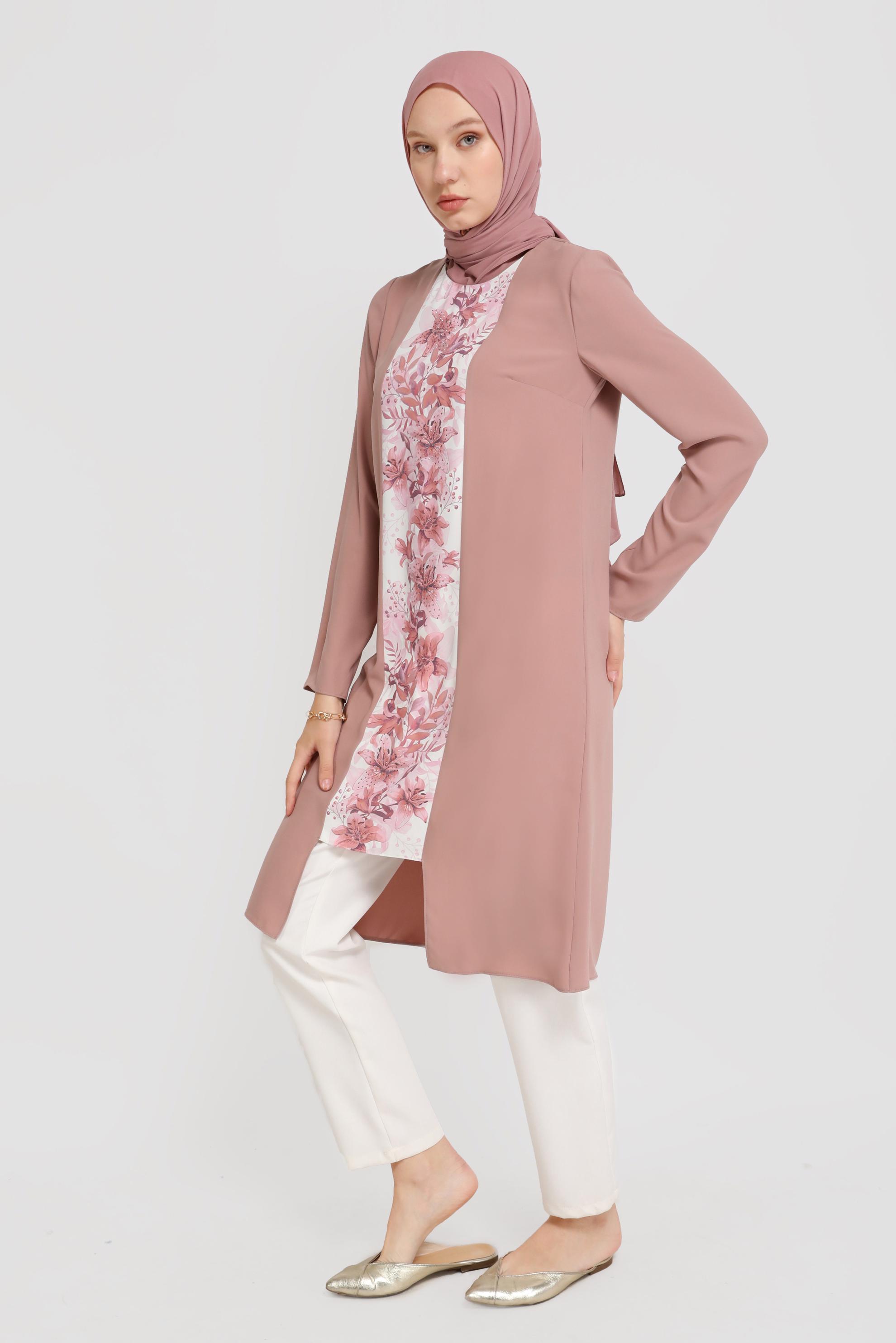 Tesettür giyim PUDRA ÇİÇEK DESENLİ ARKADAN FERMUARLI TUNİK 40879 