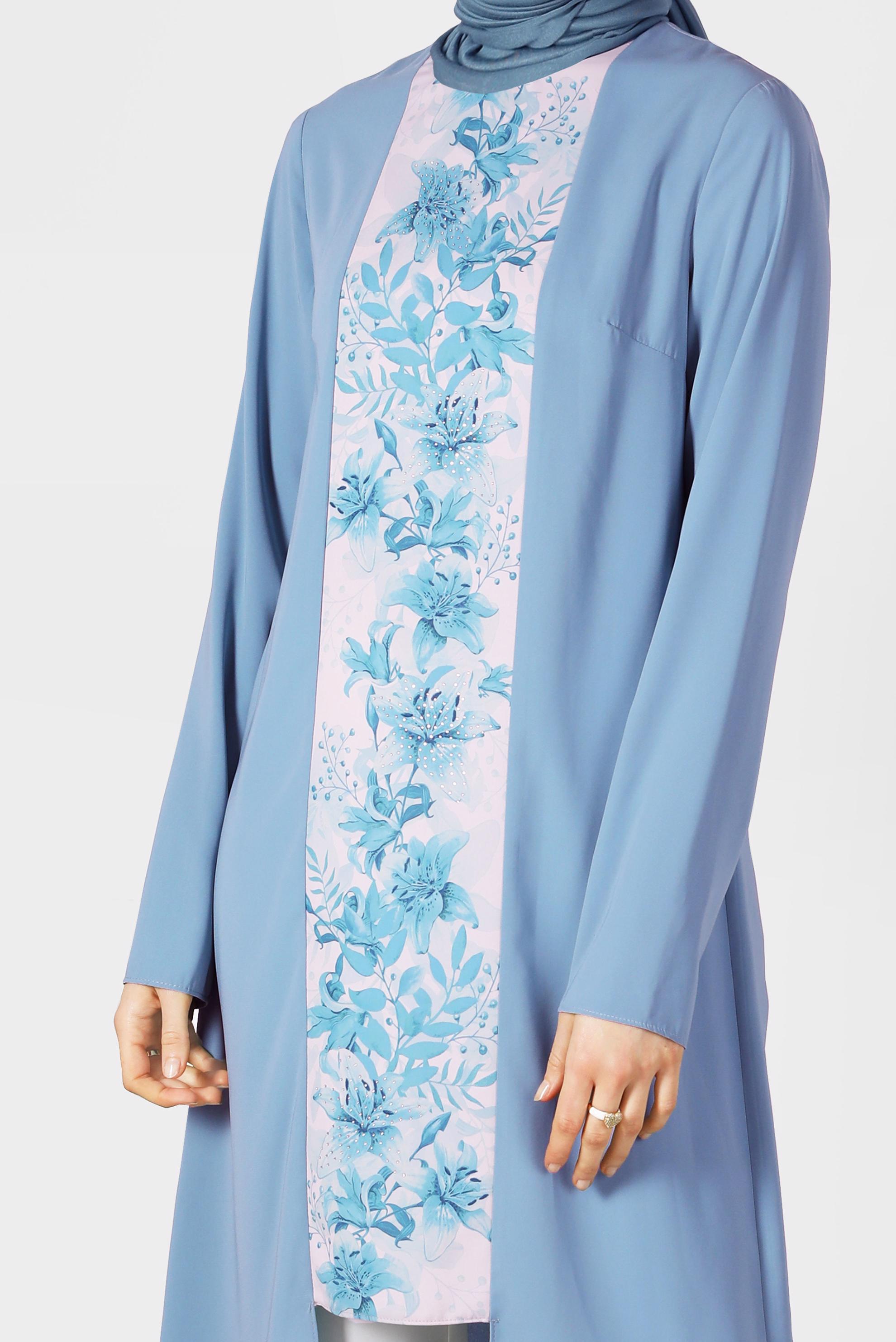 Tesettür giyim MAVİ ÇİÇEK DESENLİ ARKADAN FERMUARLI TUNİK 40879 