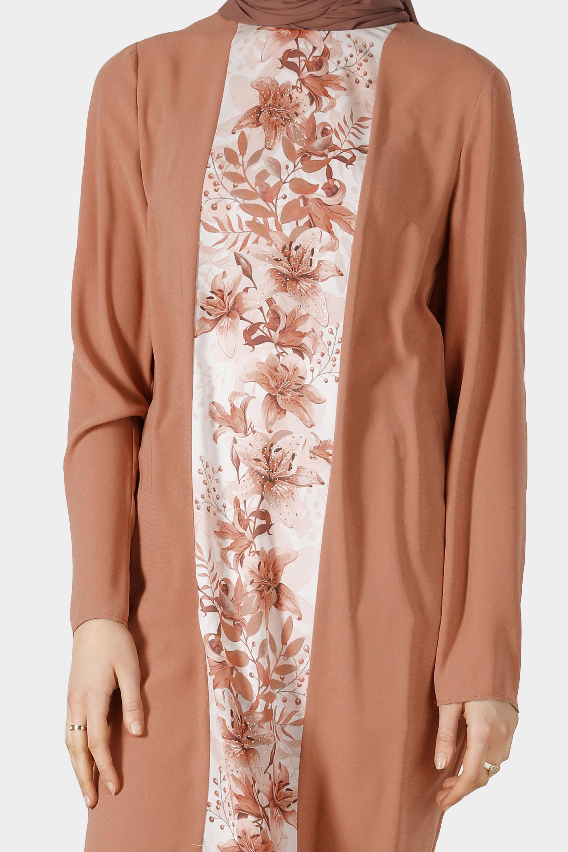 Tesettür giyim KAHVE ÇİÇEK DESENLİ ARKADAN FERMUARLI TUNİK 40879 