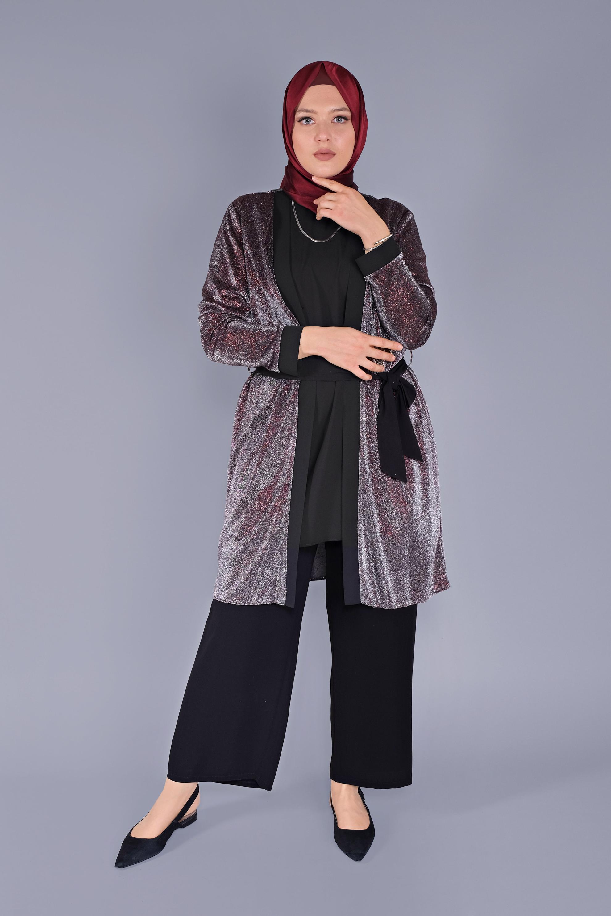 Tesettür giyim BORDO SİMLİ KUŞAKLI İKİLİ TUNİK 40880 