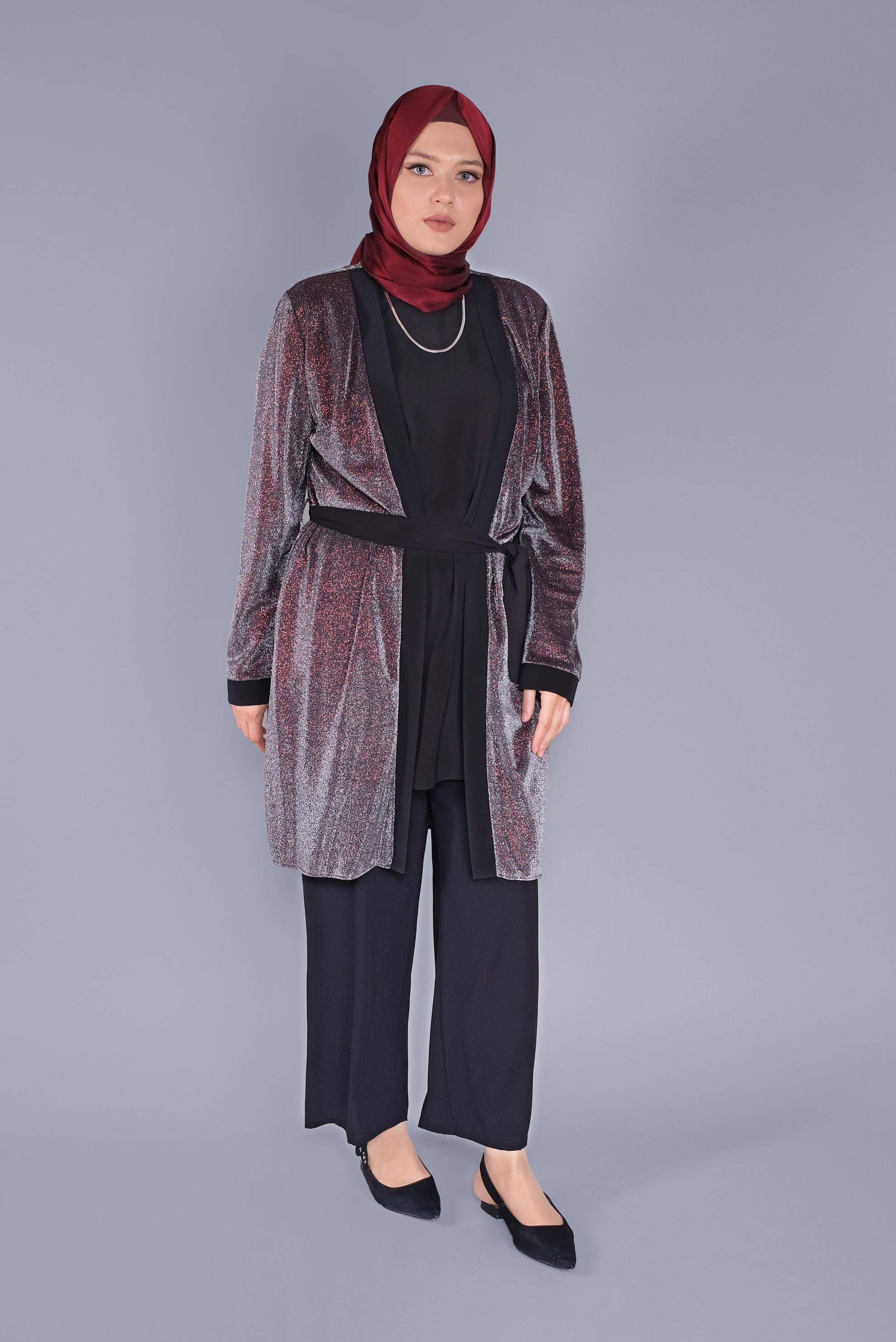 Tesettür giyim BORDO SİMLİ KUŞAKLI İKİLİ TUNİK 40880 