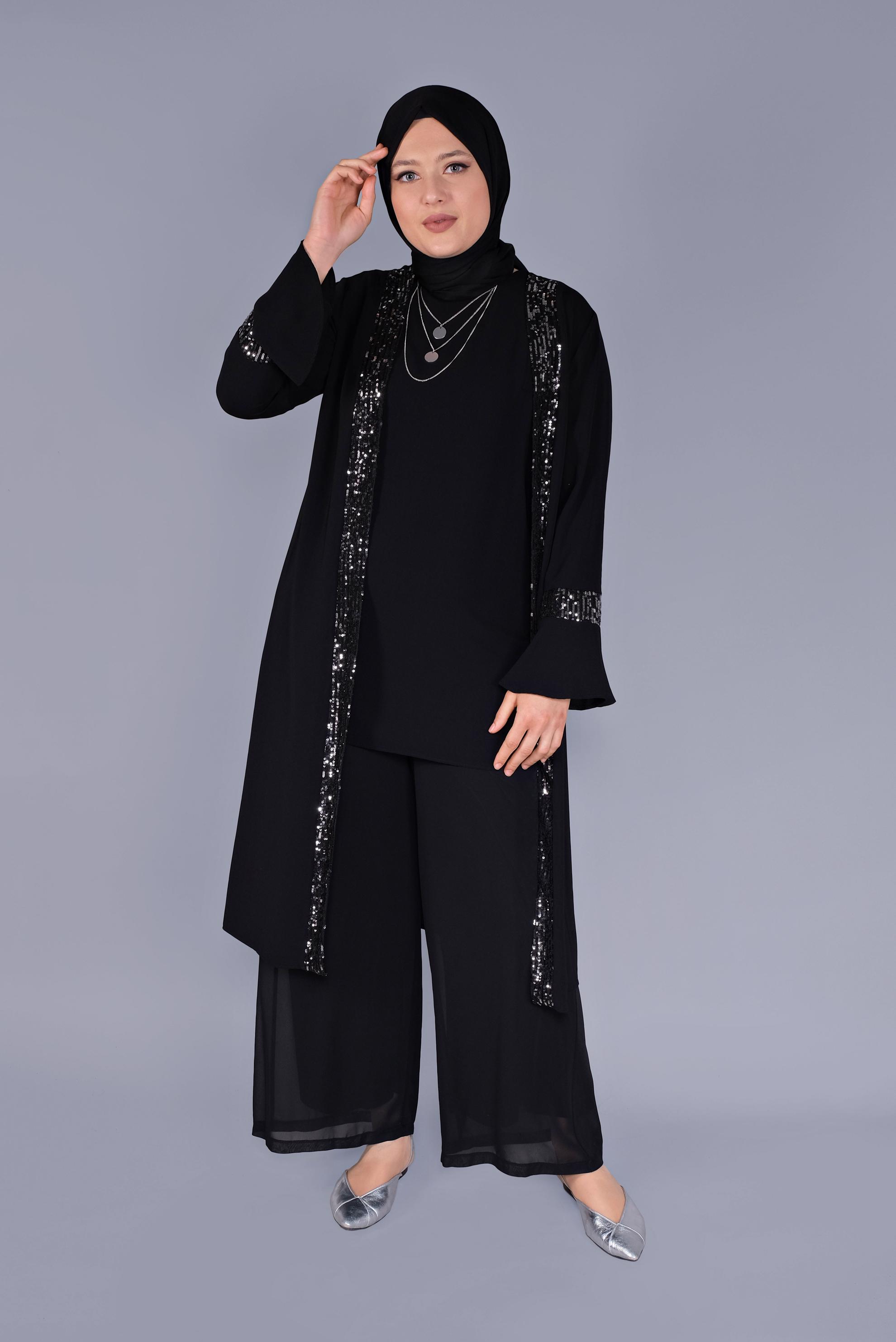 Tesettür giyim SİYAH PULLU İSPANYOL KOL İKİLİ TUNİK 40881 