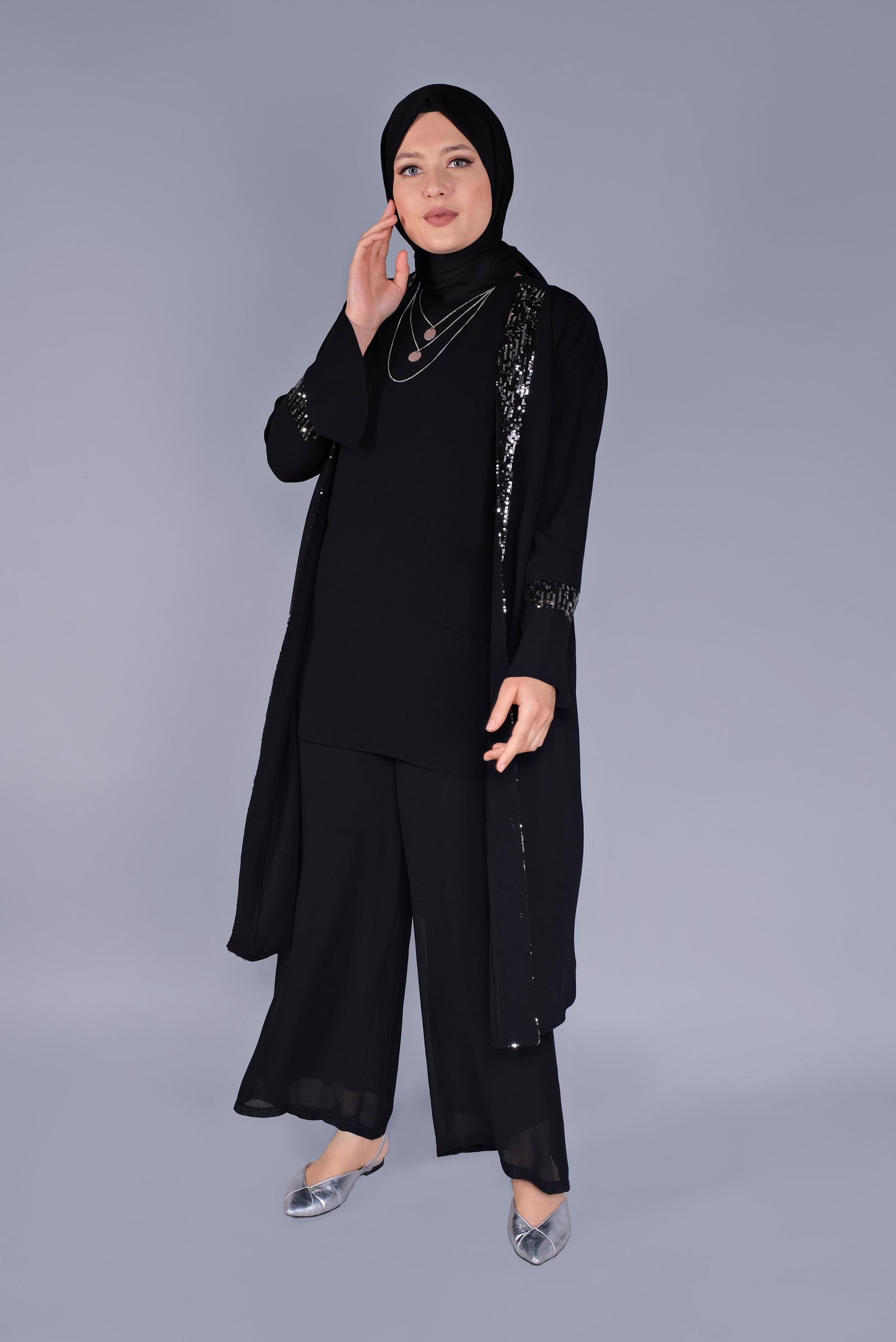 Tesettür giyim SİYAH PULLU İSPANYOL KOL İKİLİ TUNİK 40881 